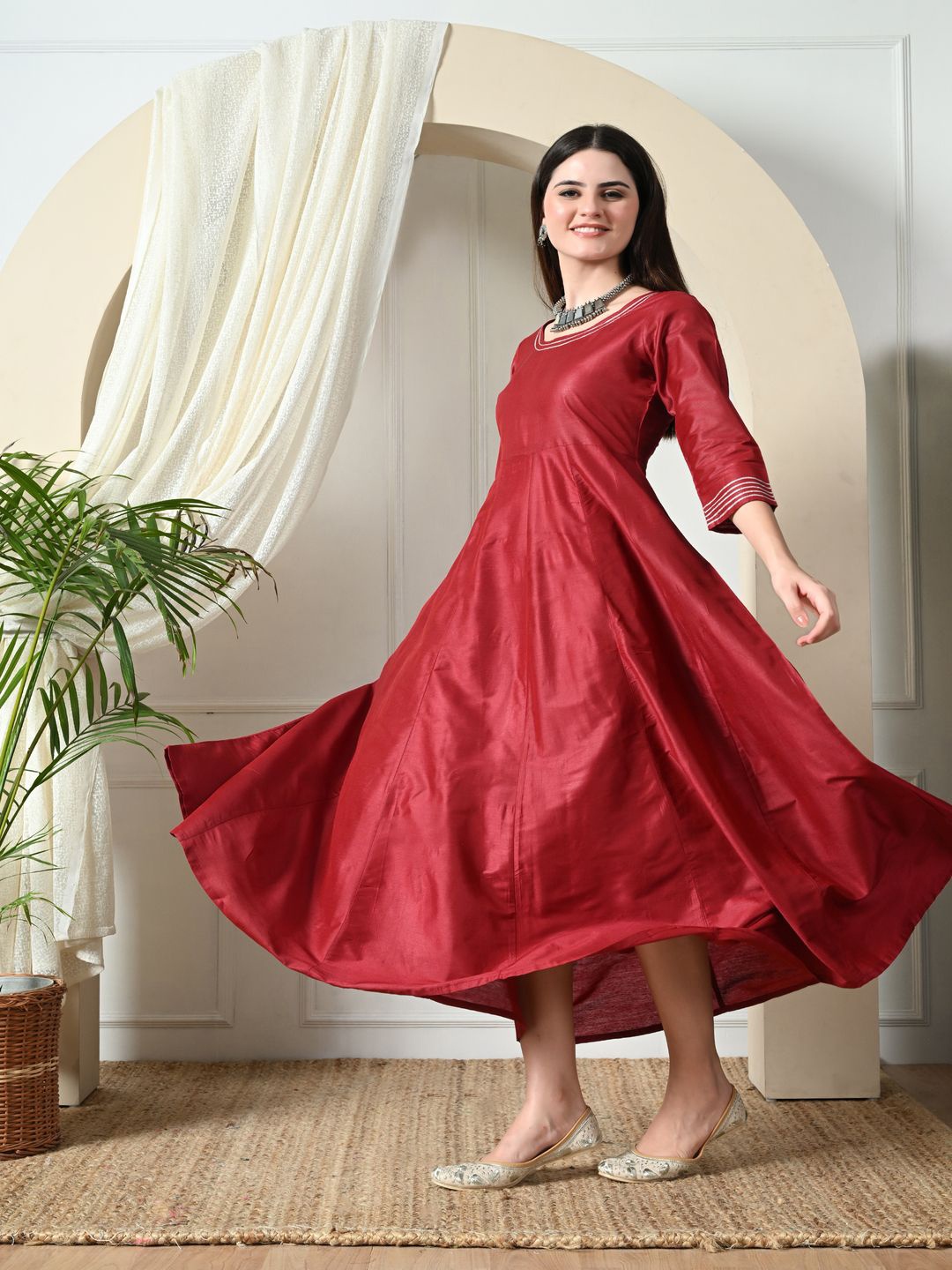 

DECKEDUP Women Cotton Silk Maxi Ethnic Dress, Maroon