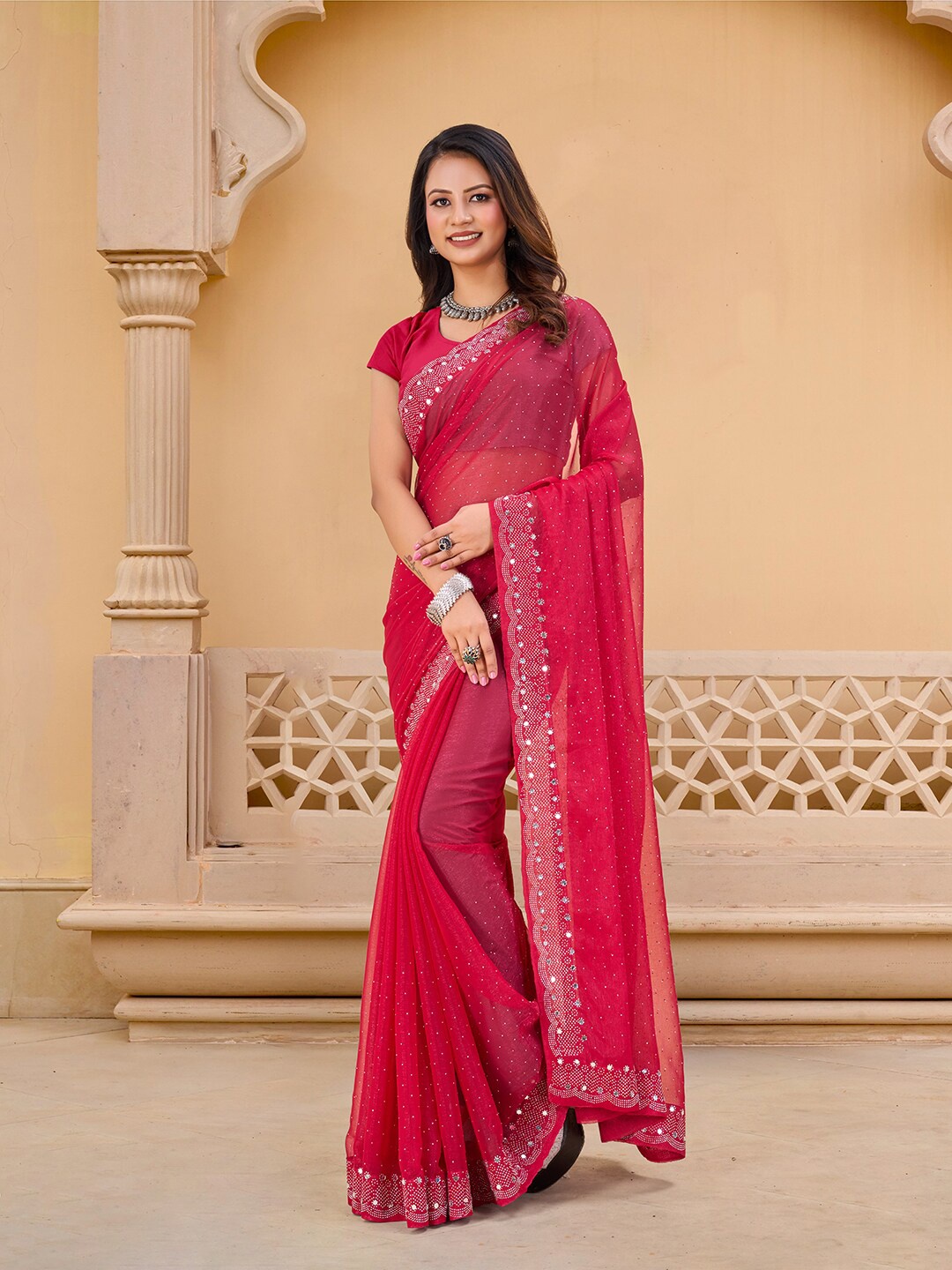 

Pionex Embellished Beads and Stones Pure Chiffon Saree, Pink