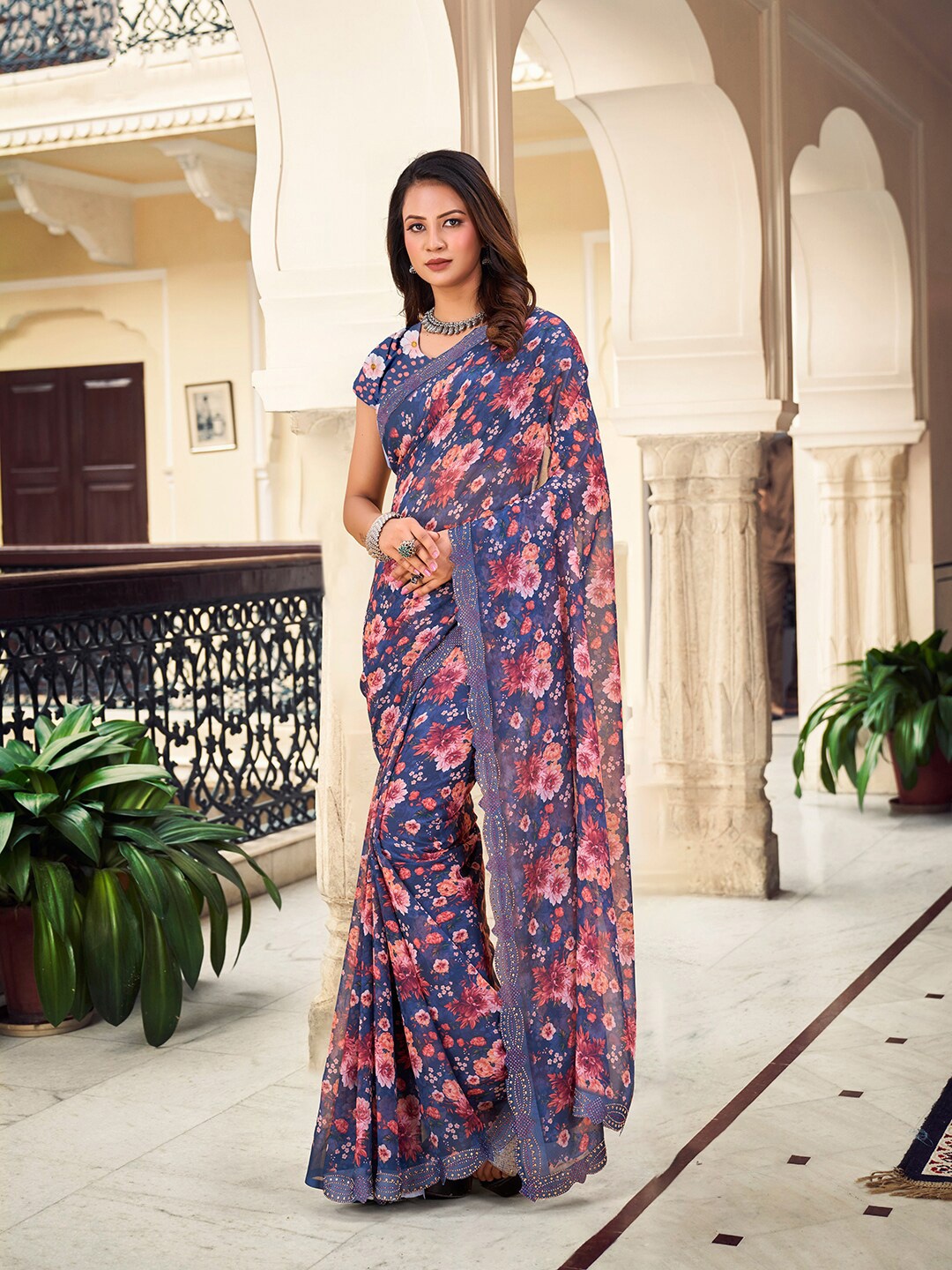 

Pionex Floral Beads and Stones Pure Chiffon Saree, Purple