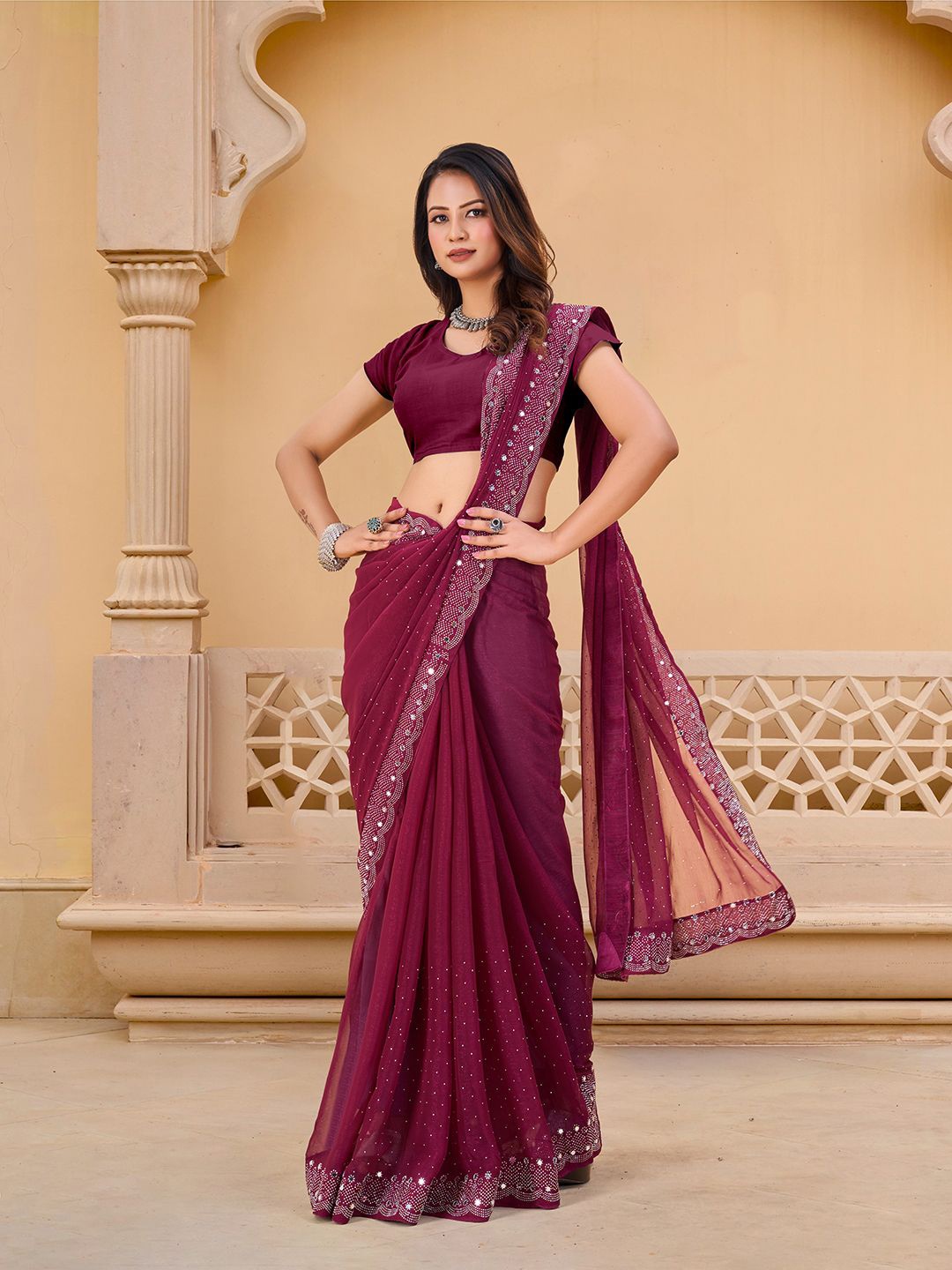 

Pionex Embellished Beads and Stones Pure Chiffon Saree, Purple