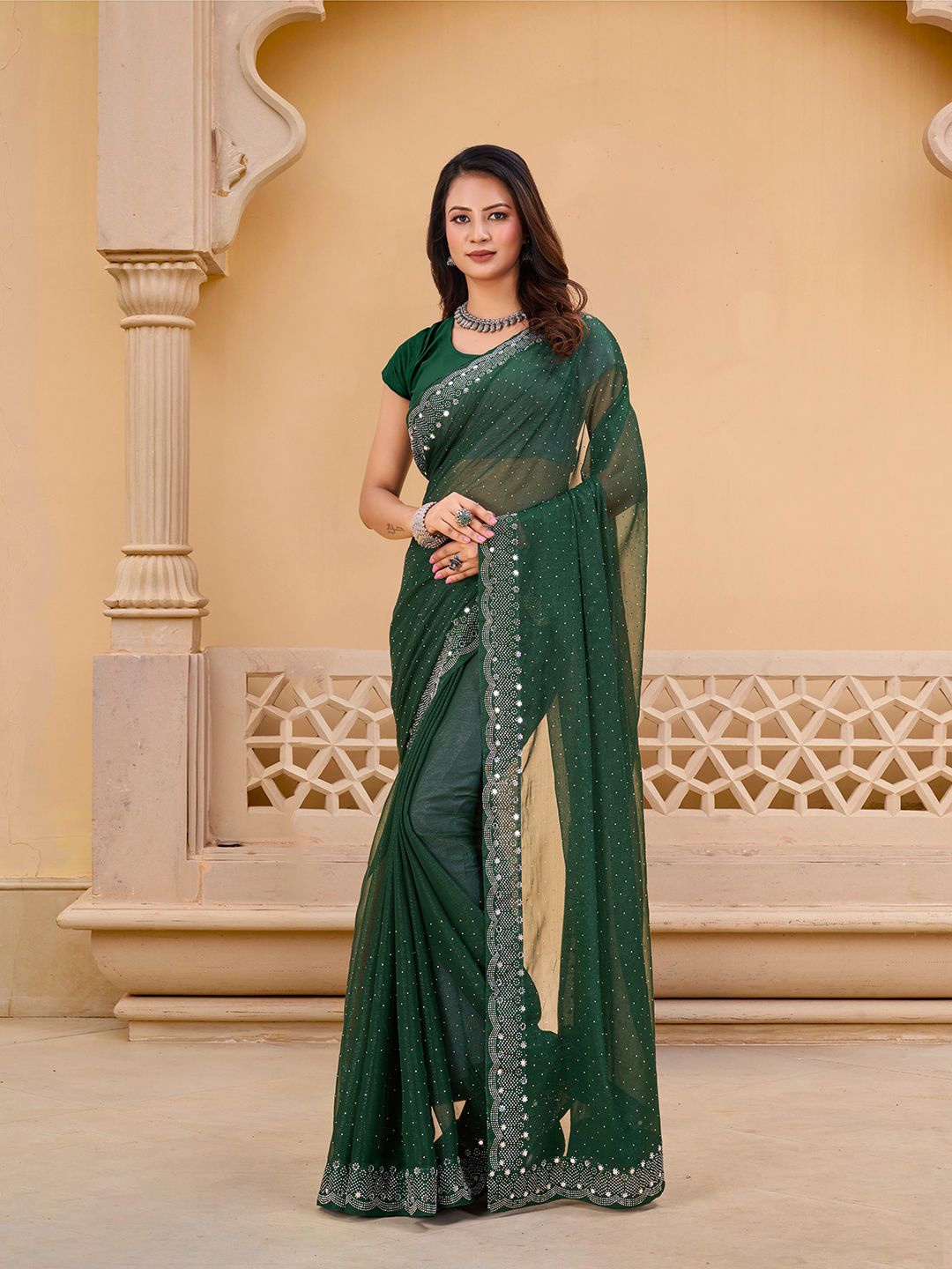

Pionex Embellished Beads and Stones Pure Chiffon Saree, Green