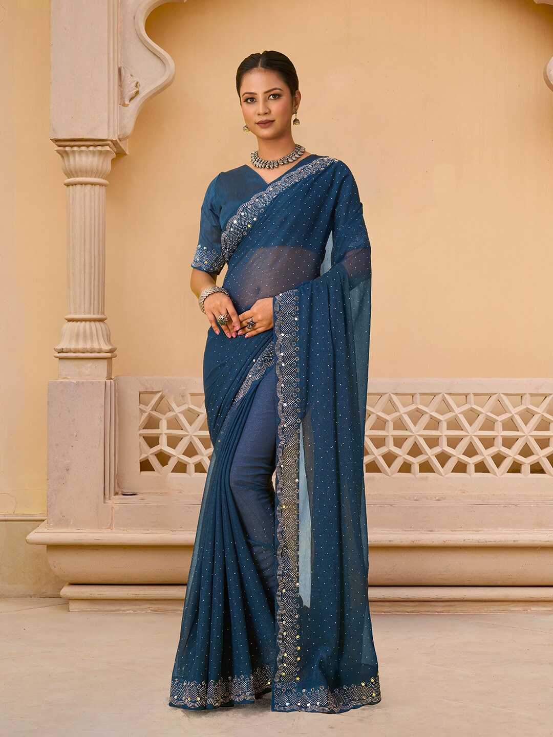 

Pionex Embellished Beads and Stones Pure Chiffon Saree, Teal