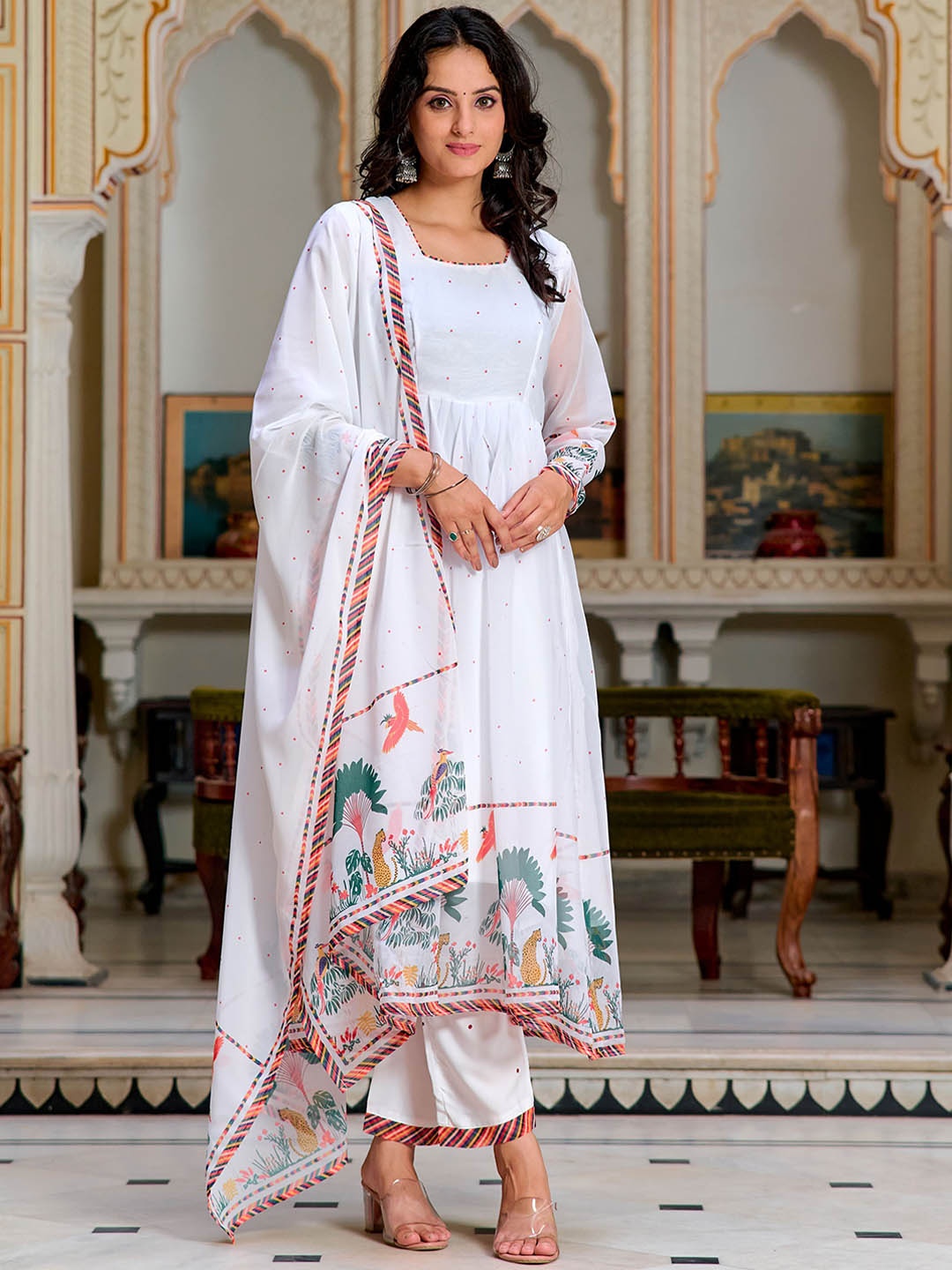 

Sangria Printed Kurta With Trouser & Dupatta Set, Off white