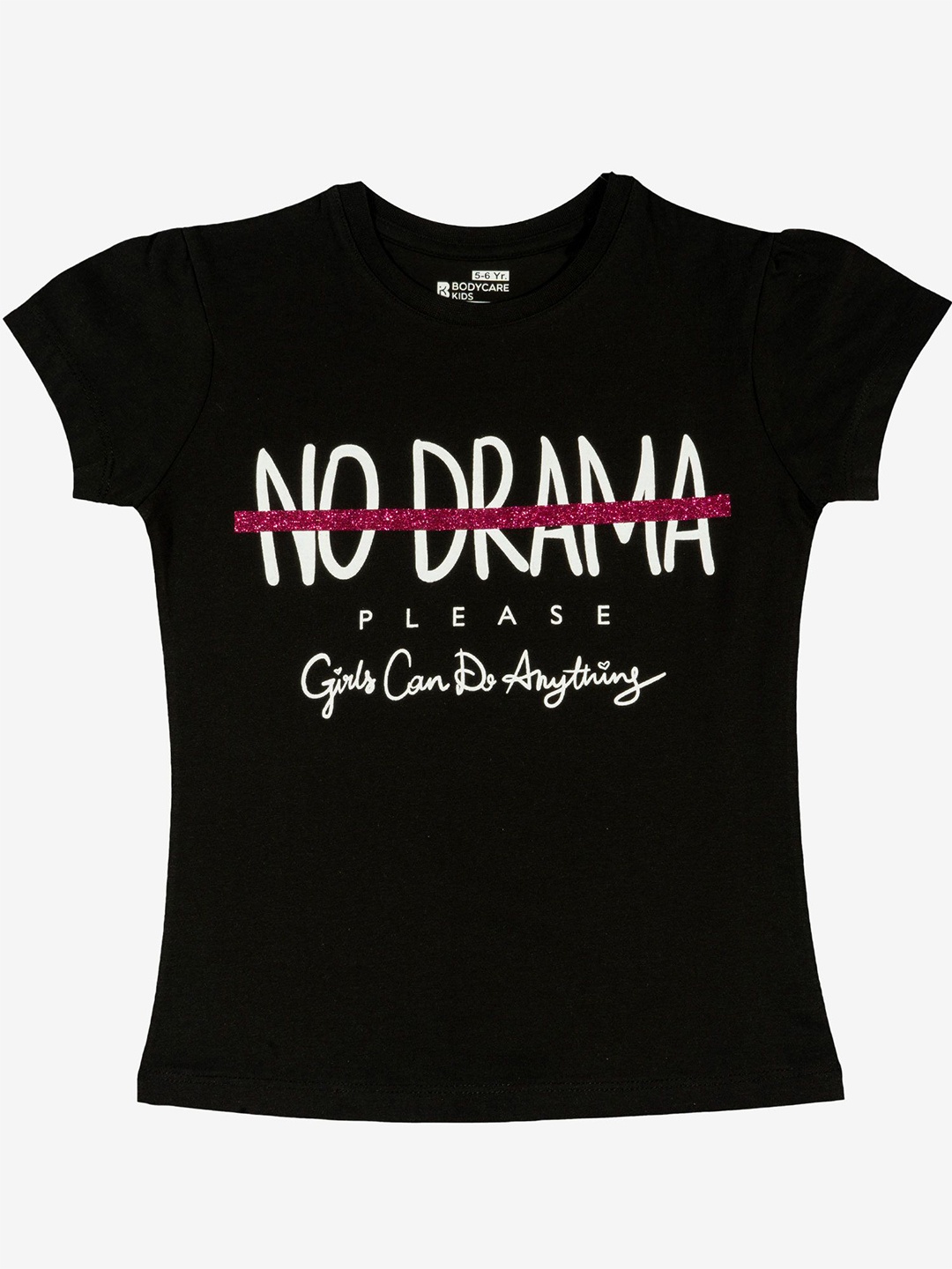 Bodycare Girls Typography Printed Round Neck T-shirt, Black