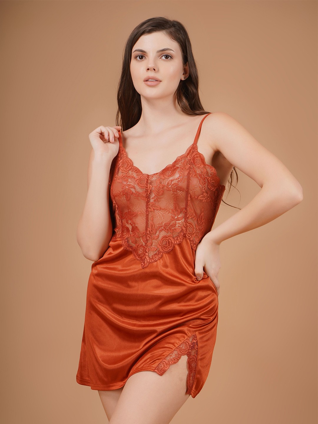 

Shararat Lace Detailed Coral Satin Baby Doll