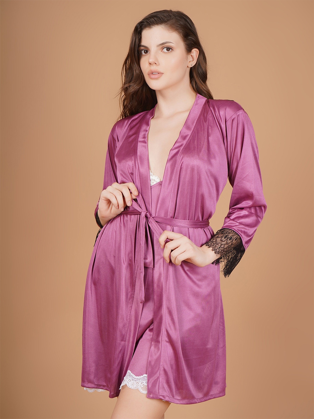 

Shararat Lace Detailed Violet Satin Baby Doll and Robe