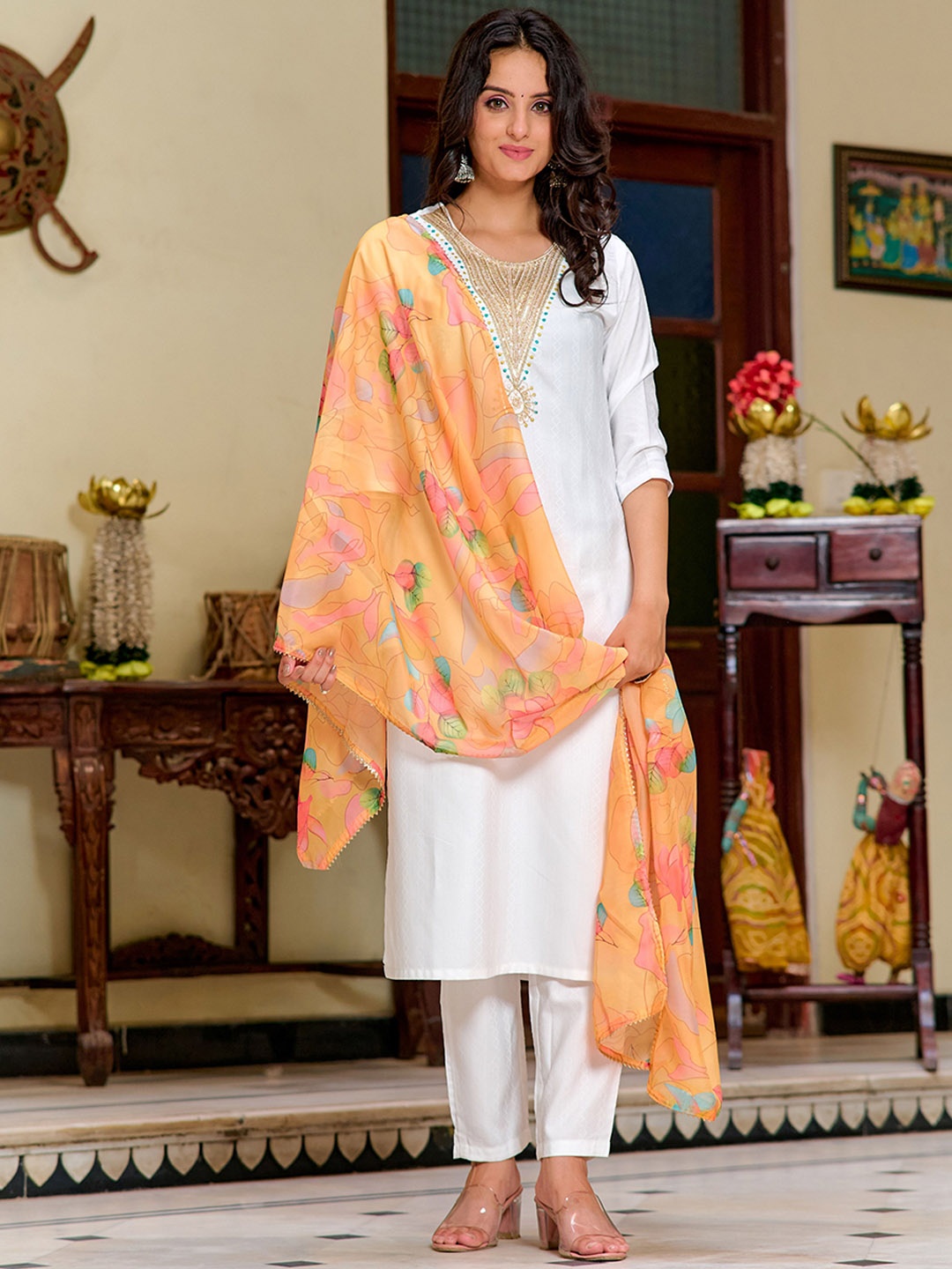 

Sangria Yoke-Design Straight Kurta With Trouser & Dupatta Set, White
