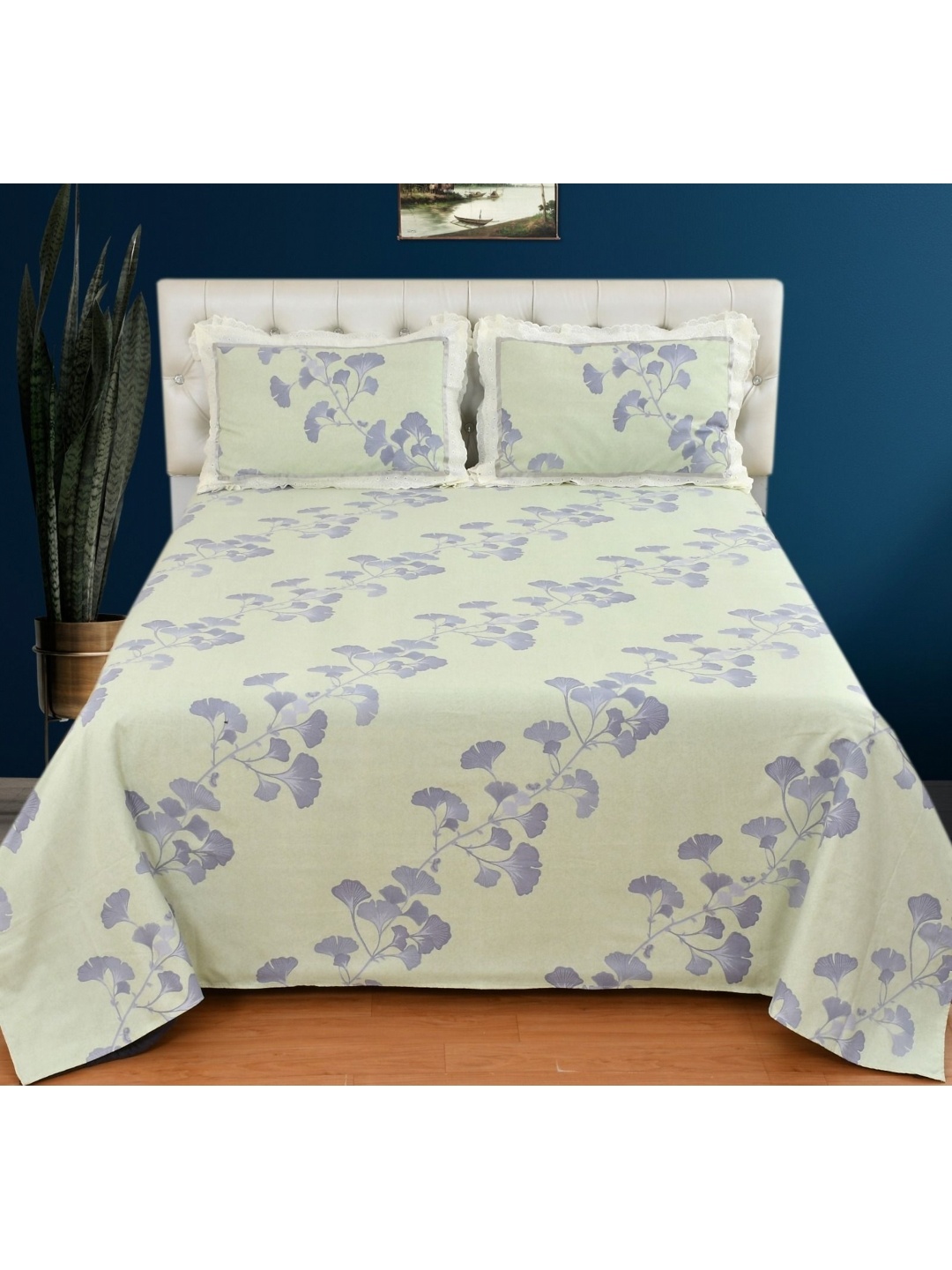 

BELVOSTUM Lime Green & Grey Floral 250 TC King Bedsheet with 2 Pillow Covers