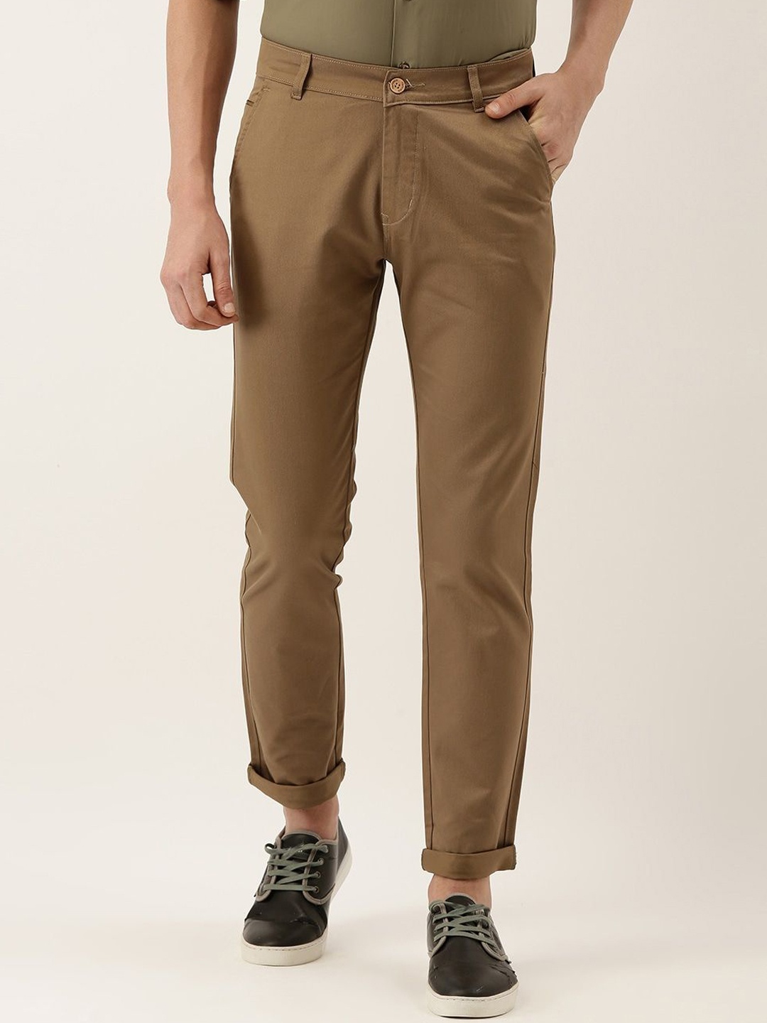 

Hancock Men Slim Fit Mid-Rise Chinos Trousers, Brown