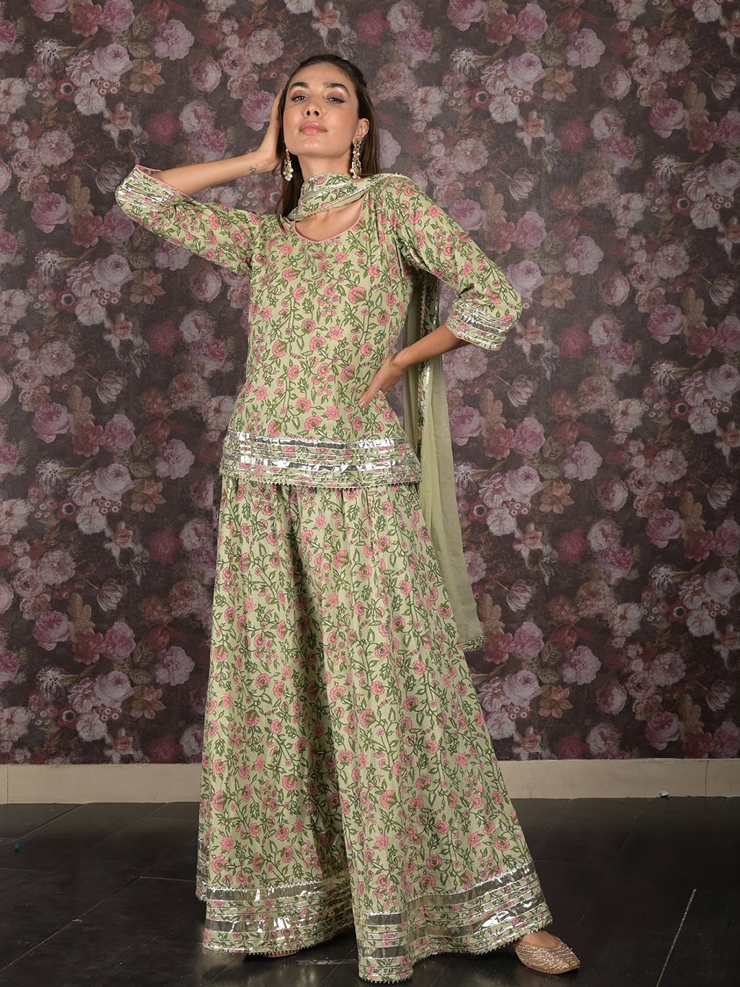 

ODETTE Ready to Wear Floral Printed Gotta Patti Lehenga & Blouse With Dupatta, Green