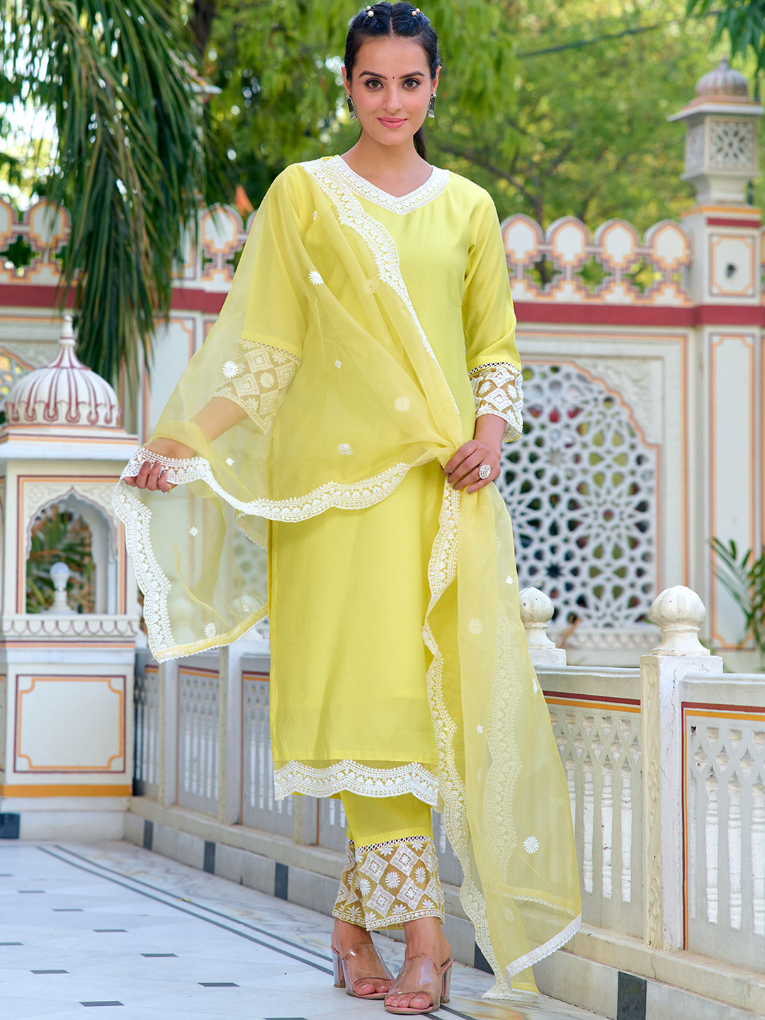 

Sangria Embroidered Straight Kurta With Trouser & Dupatta Set, Lime green