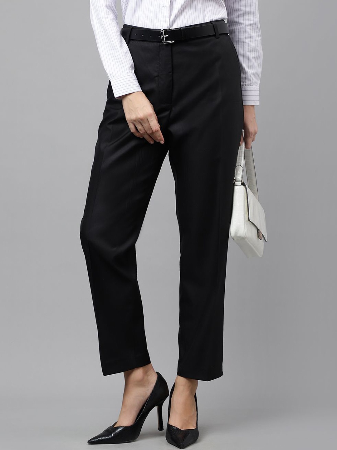 

English Navy Women Slim Fit Wrinkle Free Trousers, Black