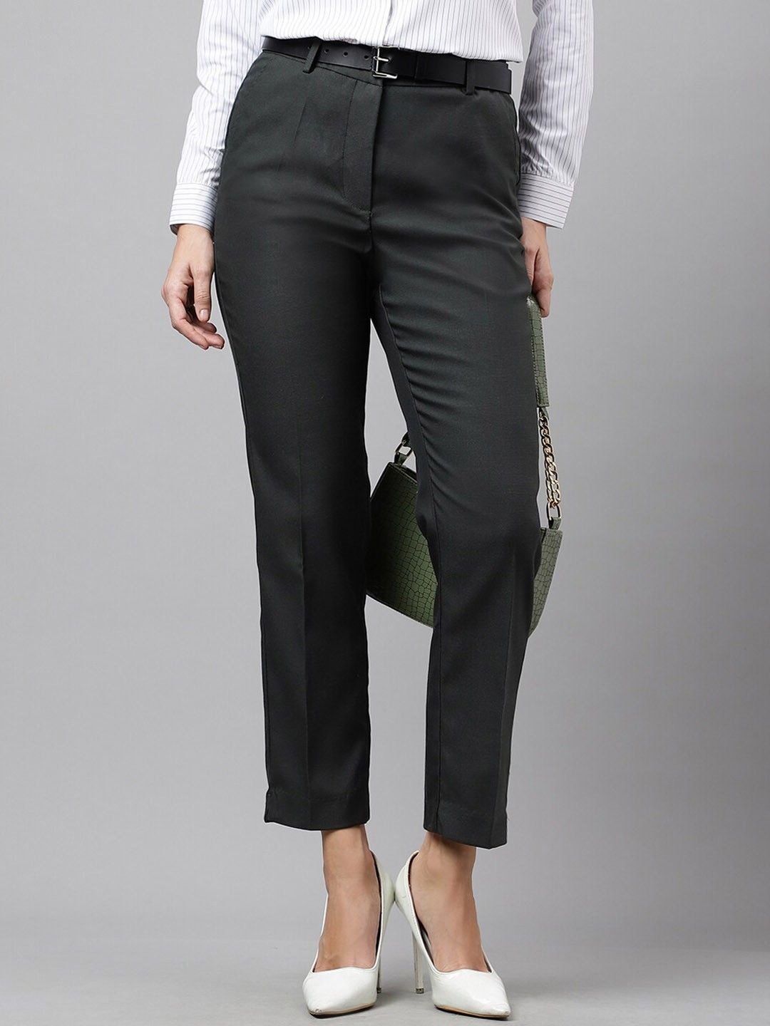 

English Navy Women Slim Fit Wrinkle Free Formal Trousers, Black