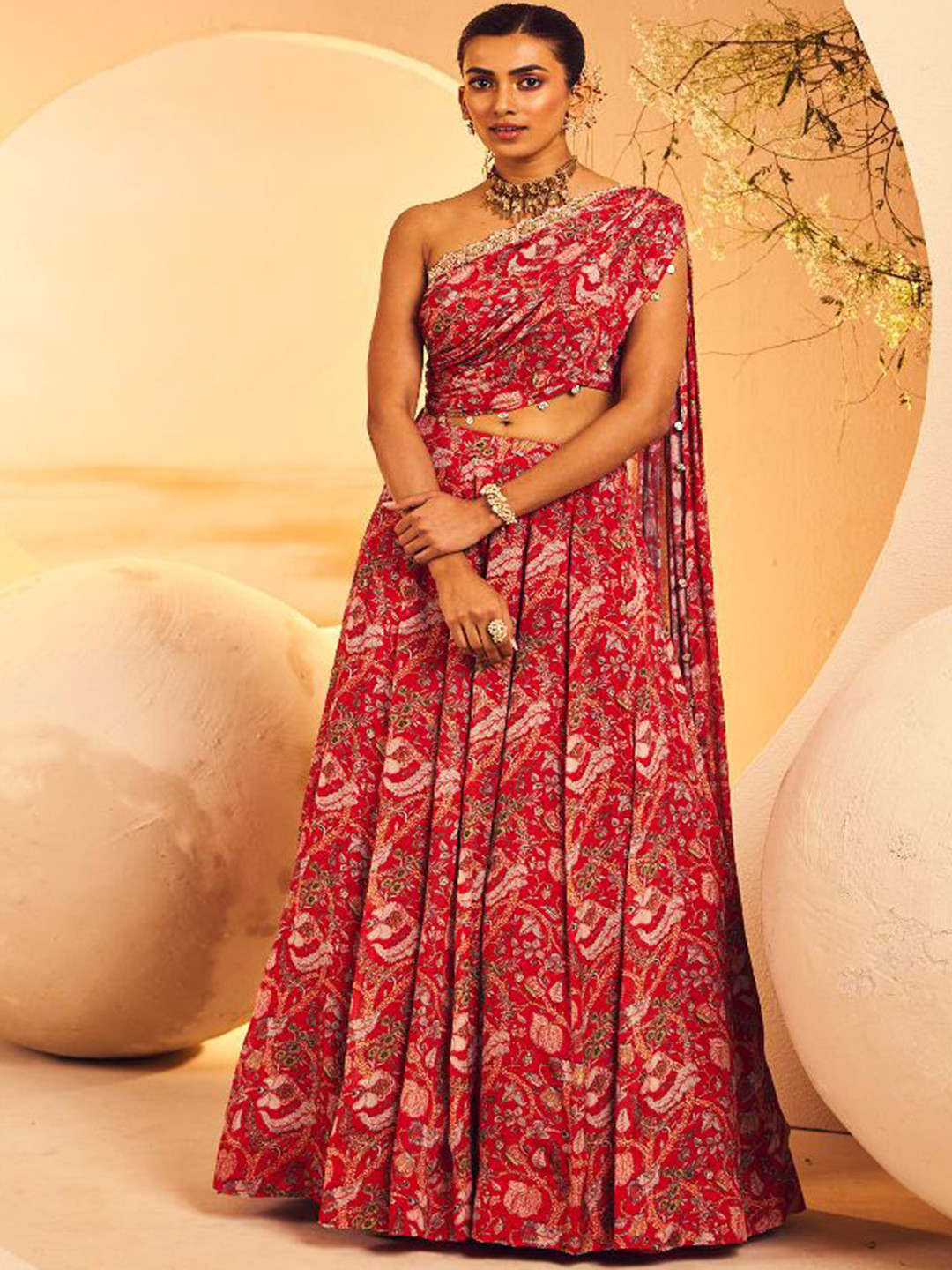 

ANEESH AGARWAAL Kalamkari Printed Embellished Lehenga Choli, Red