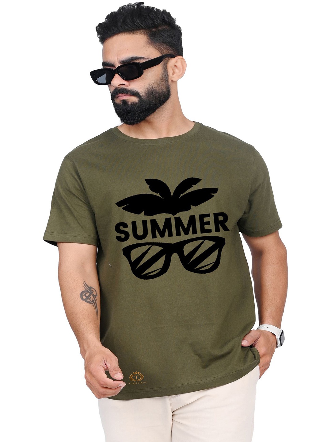 

TAJNAN Men Typography Printed Round Neck Cotton T-shirt, Green