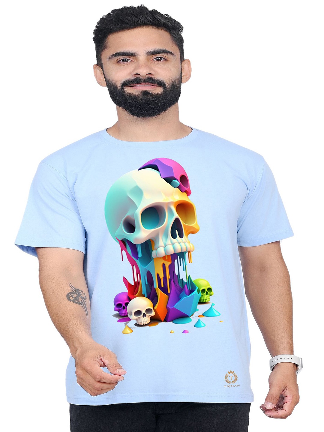 

TAJNAN Men Graphic Printed Round Neck Cotton T-shirt, Turquoise blue