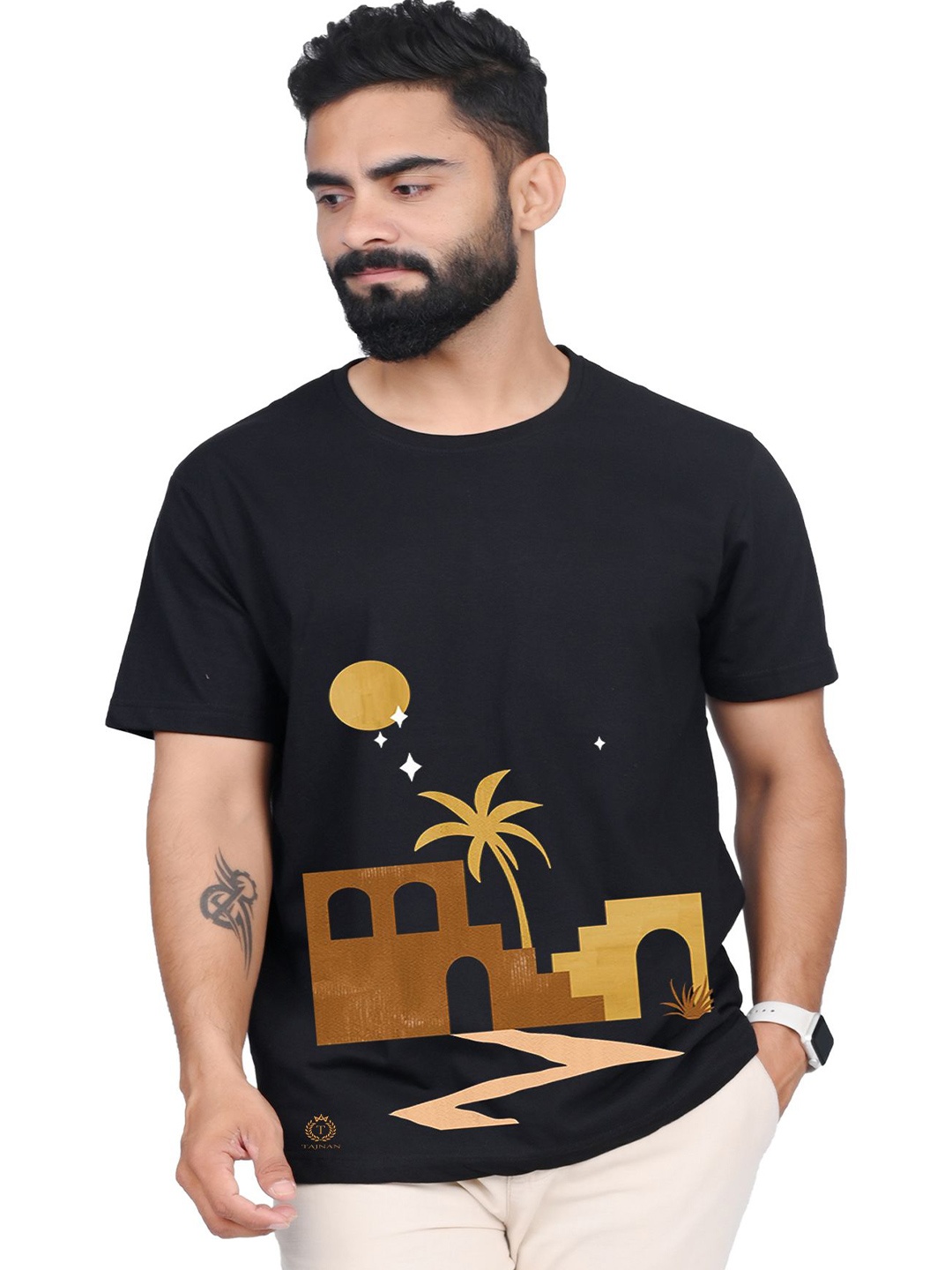 

TAJNAN Men Graphic Printed Round Neck Cotton T-shirt, Black