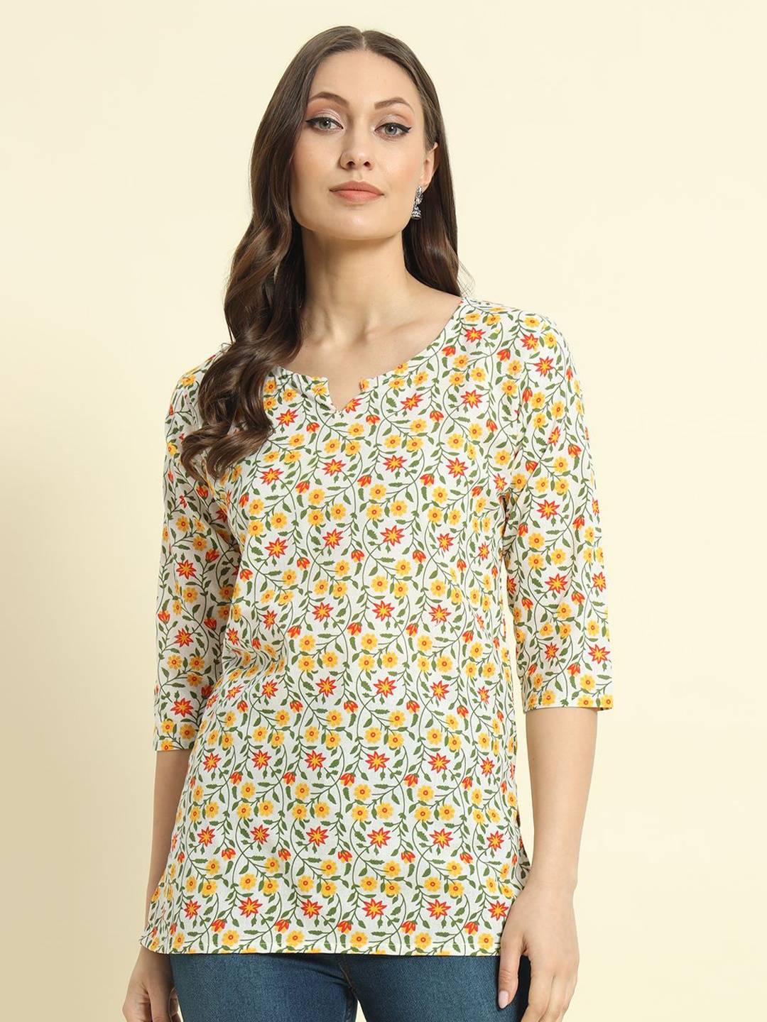 

Mialo fashion Floral Printed Pure Cotton Kurti, Off white