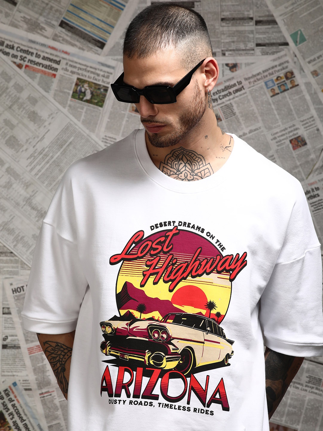 Difference of Opinion Men Drop Shoulder Terry Cotton Oversized T Shirt, White
