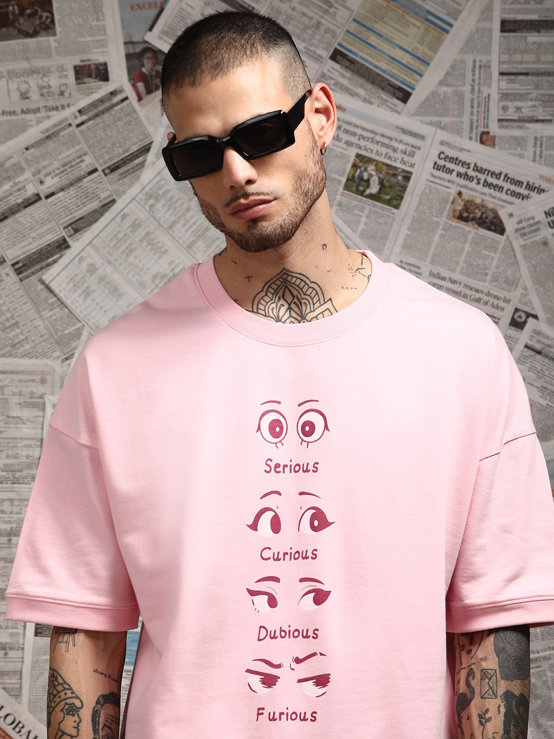 

Difference of Opinion Men Drop Shoulder Terry Cotton Oversized T Shirt, Pink