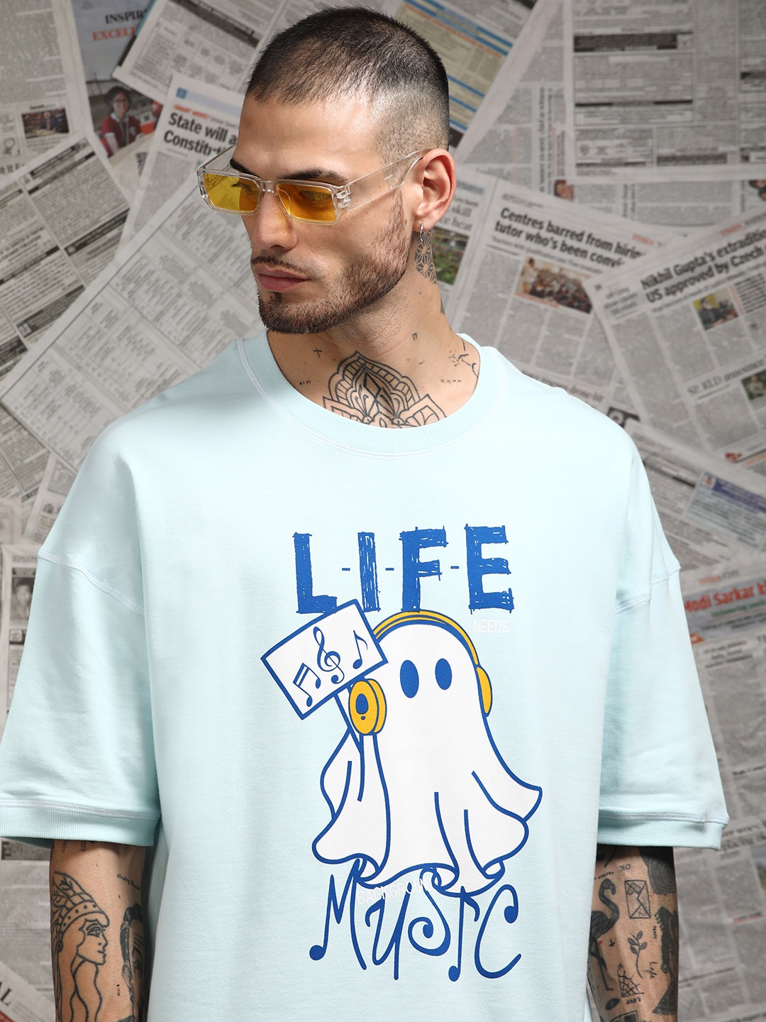 

Difference of Opinion Men Graphic Printed Cotton Oversized T-shirt, Blue