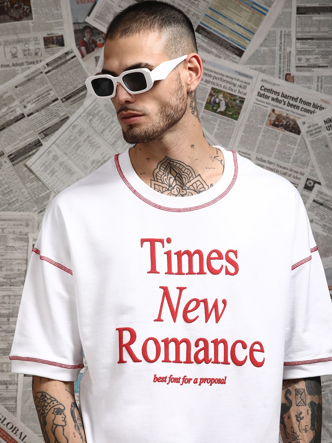 

Difference of Opinion Men Drop Shoulder Embossed Terry Cotton Oversized T Shirt, White
