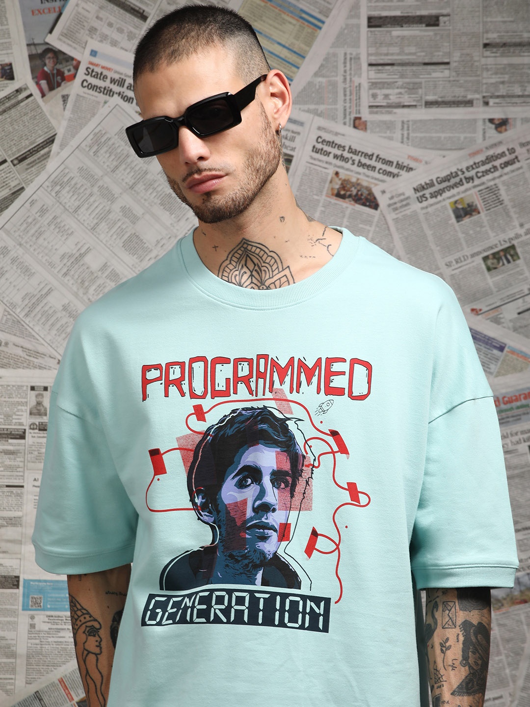 

Difference of Opinion Men Drop Shoulder Terry Cotton Oversized T Shirt, Turquoise blue