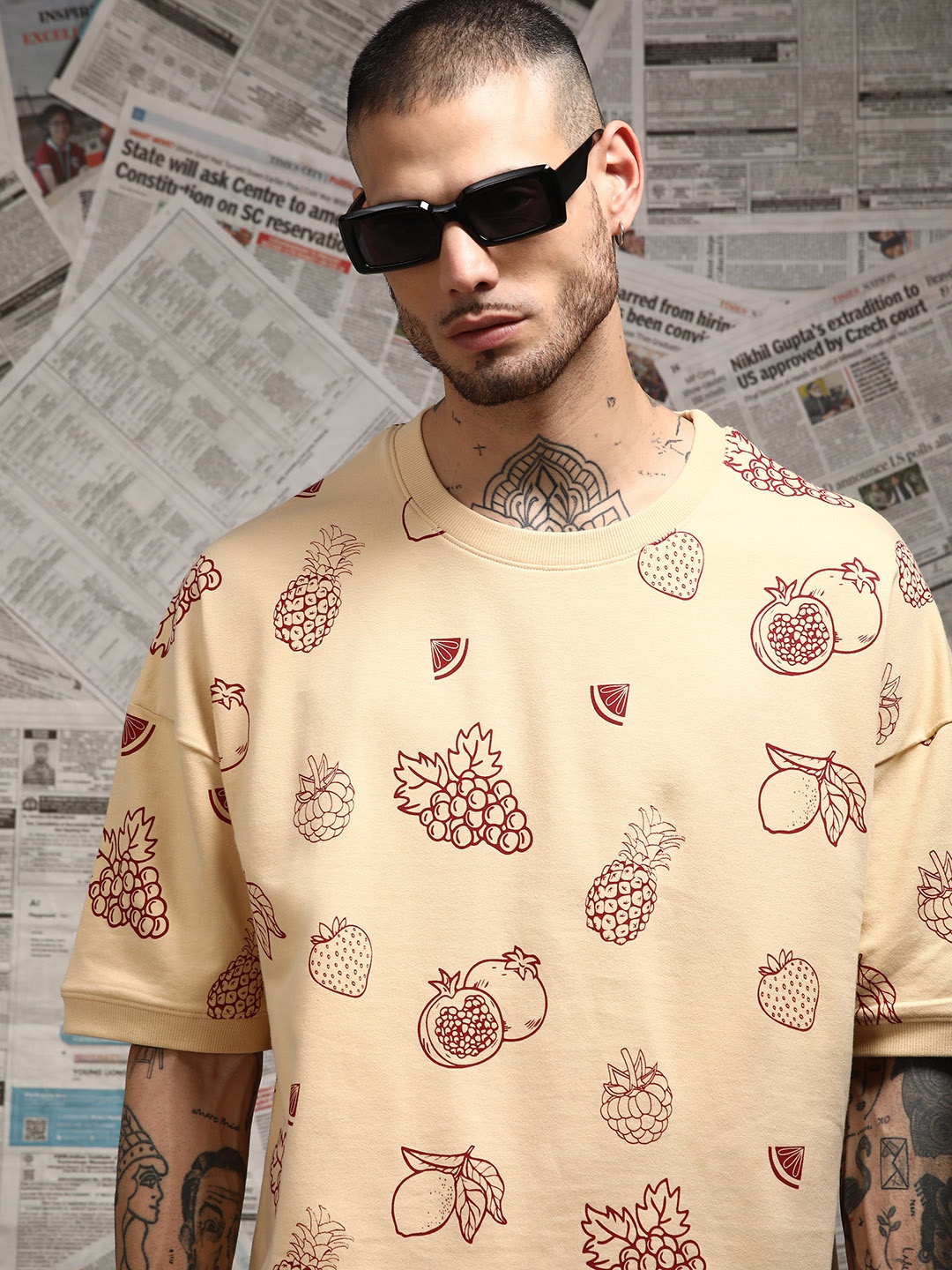 

Difference of Opinion Men Drop Shoulder Terry Cotton Oversized T Shirt, Beige