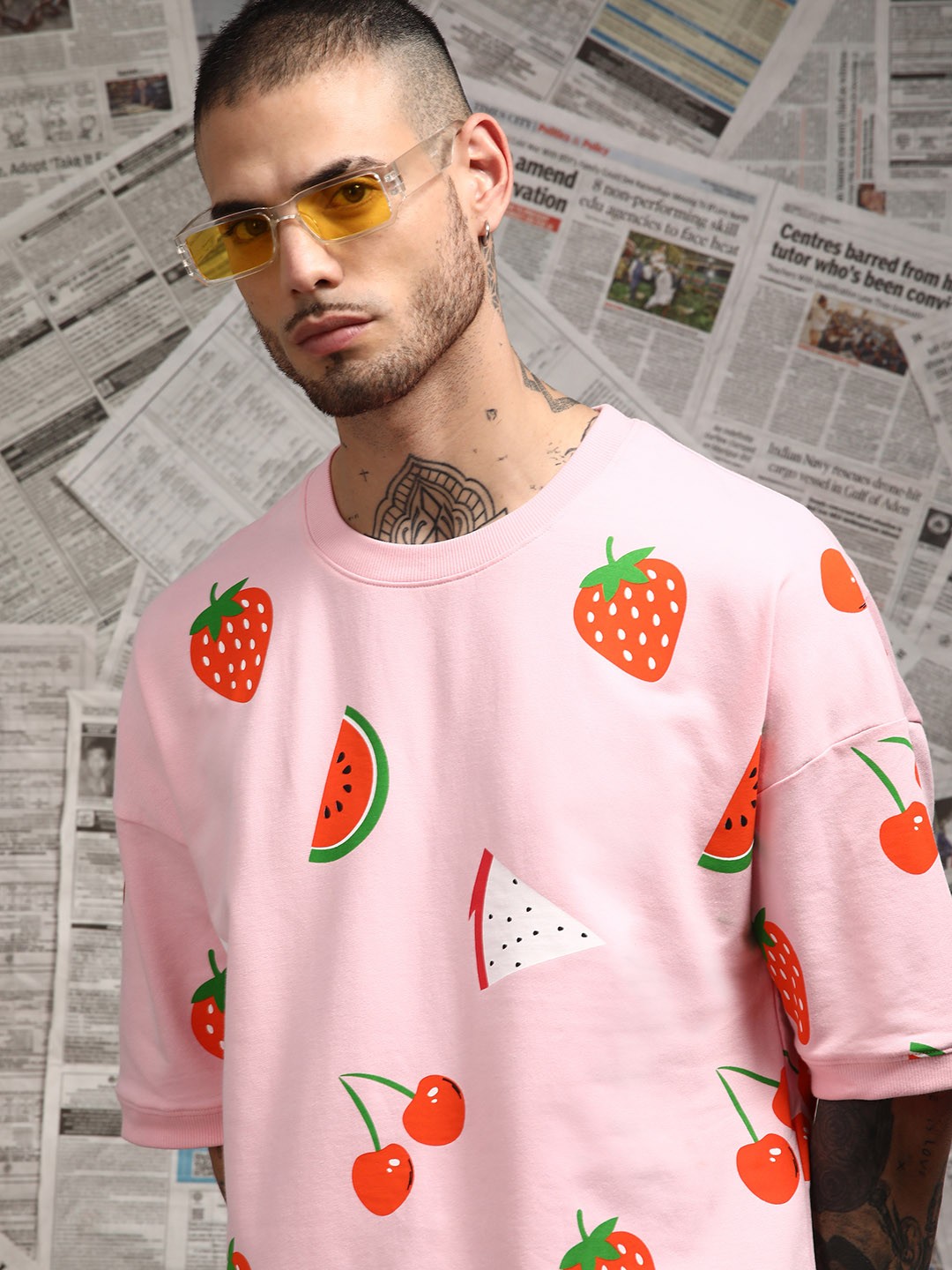 Difference of Opinion Men Drop Shoulder Terry Cotton Oversized T Shirt, Pink