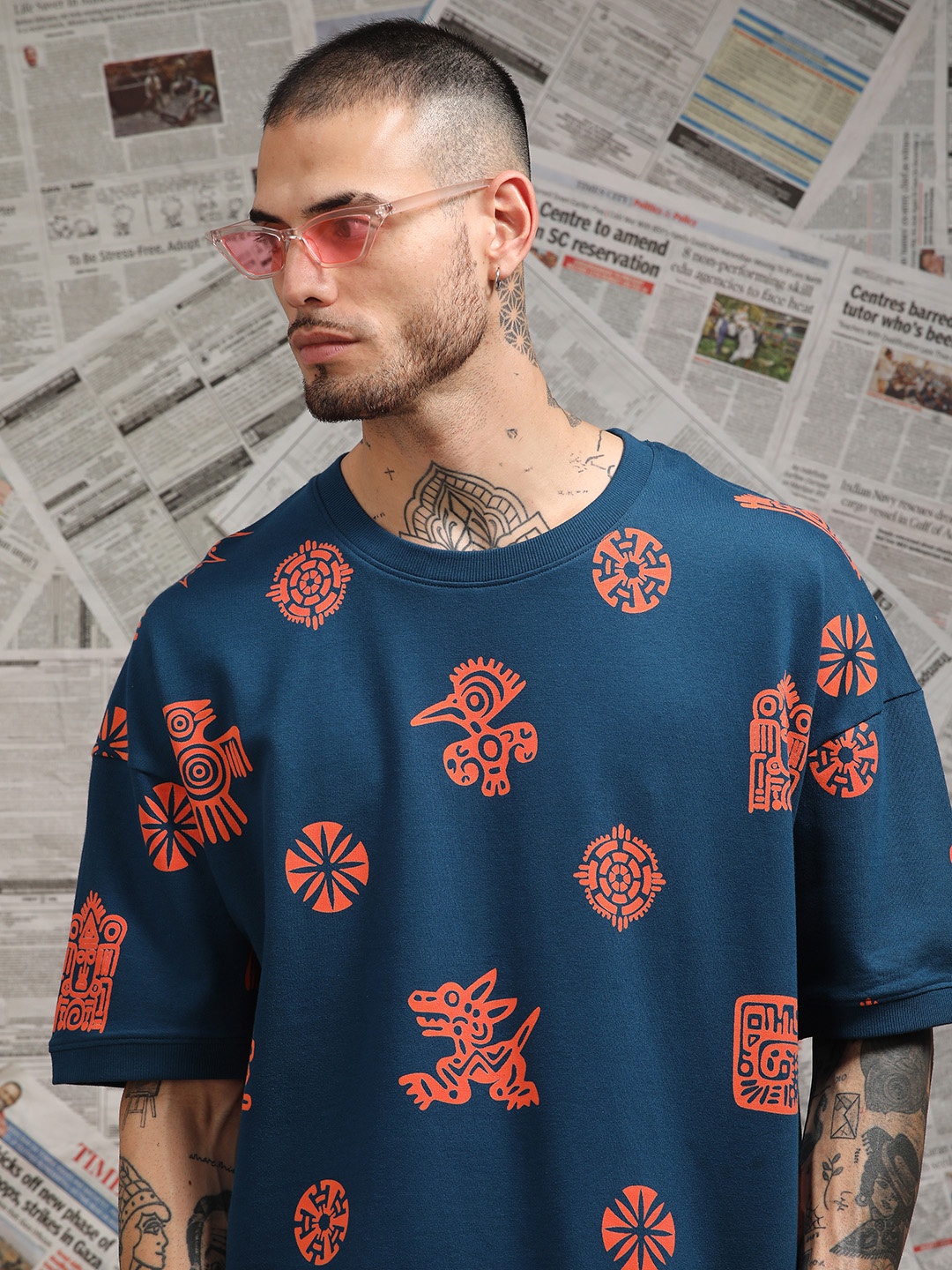 Stormborn Men Conversational Printed Oversized Pure Cotton T-shirt, Blue
