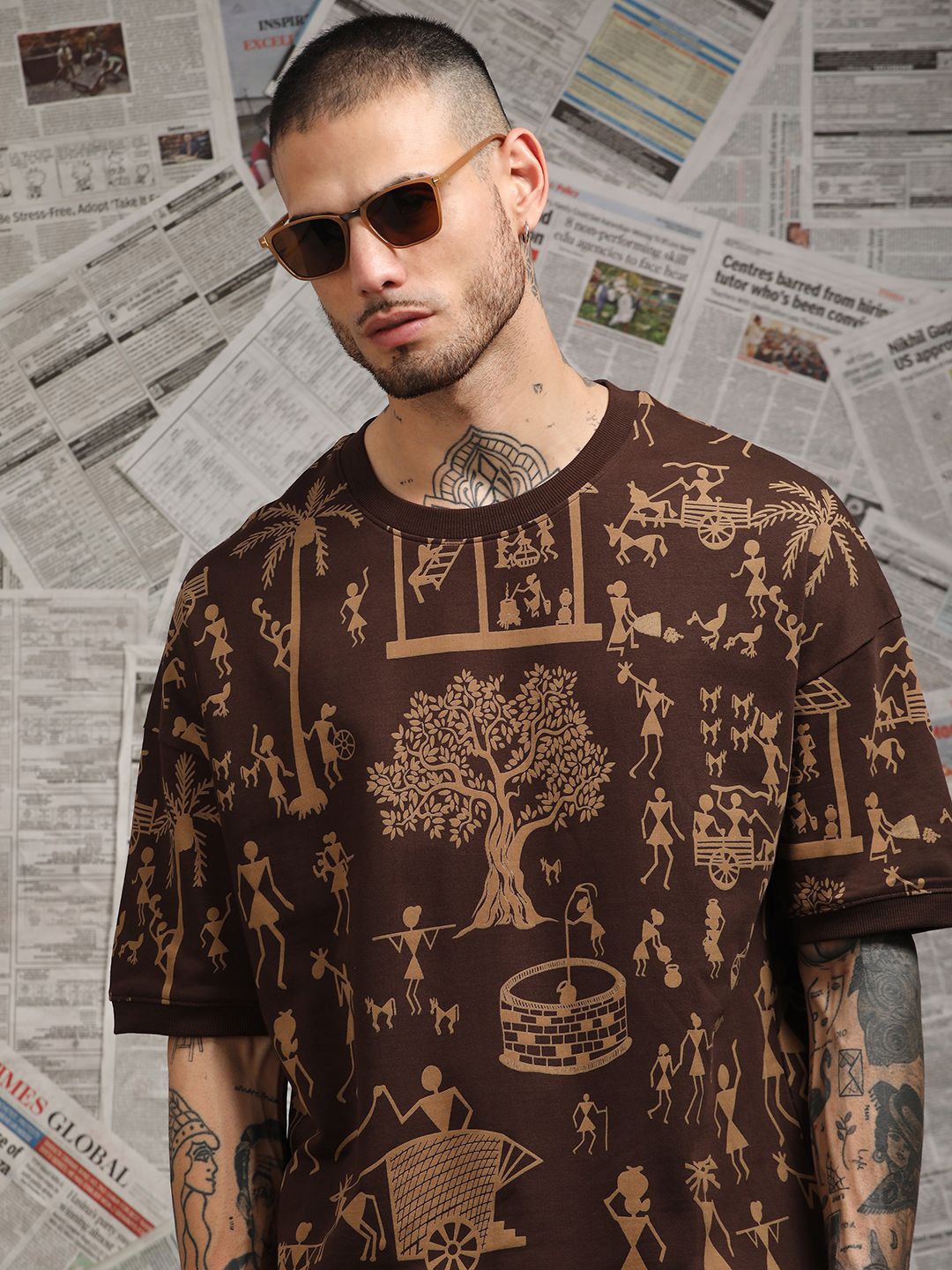 

Stormborn Men Tribal Printed Oversized Cotton T-shirt, Brown