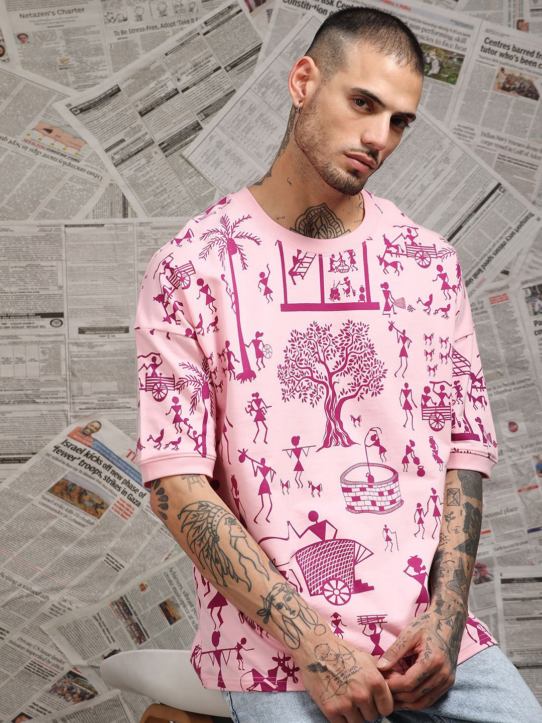 

Stormborn Men Tribal Printed Oversized Pure Cotton Longline T-shirt, Pink