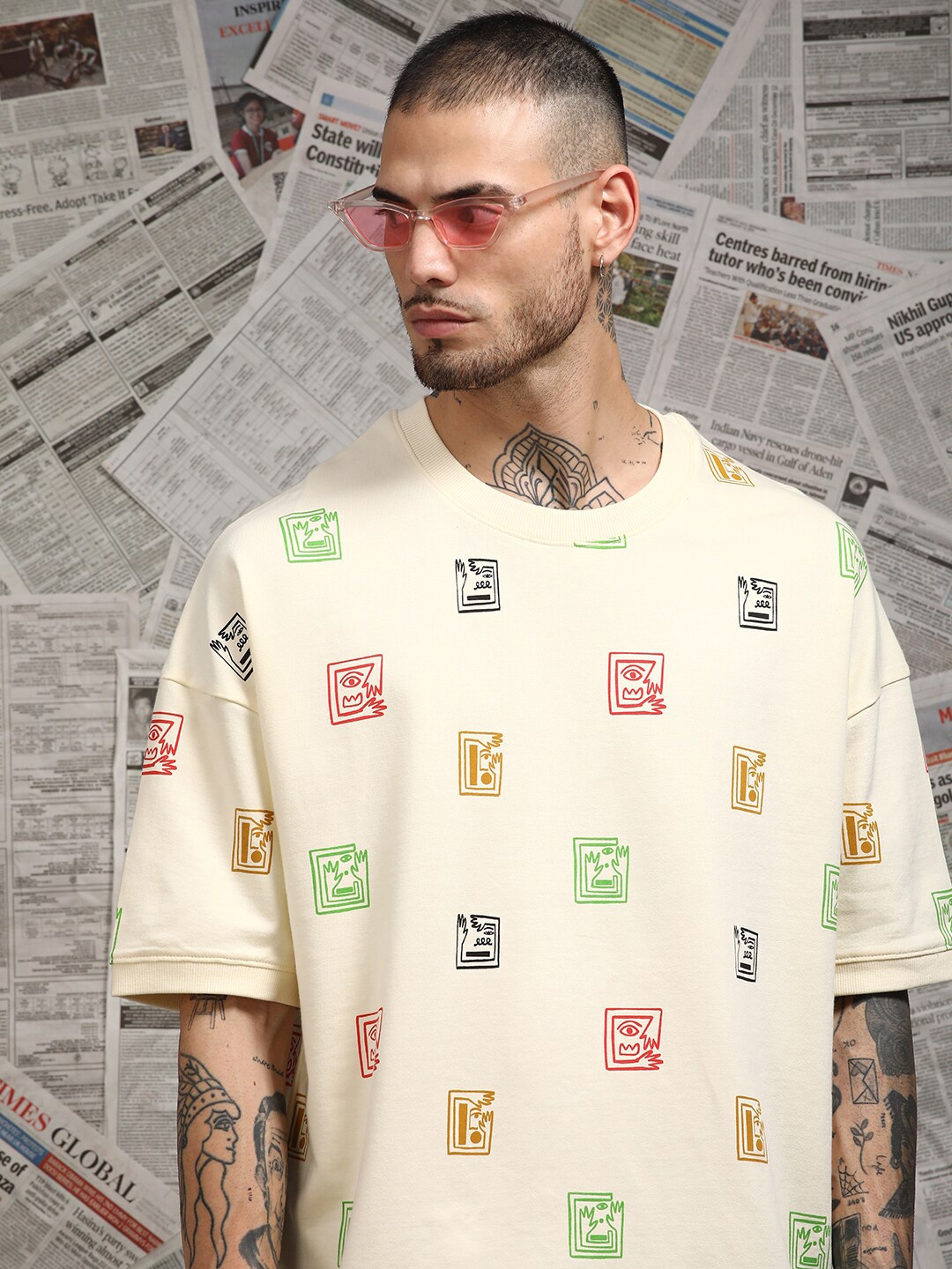 

Stormborn Men Conversational Printed Oversized Pure Cotton T-shirt, Off white