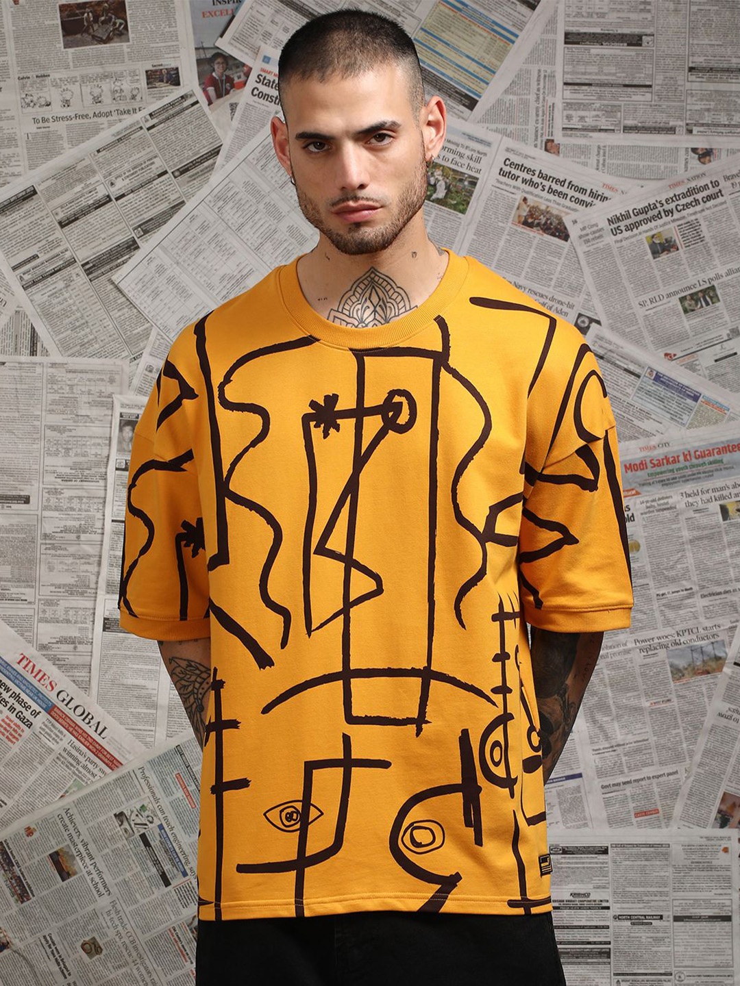 

Stormborn Men Graphic Printed Oversized Cotton T-shirt, Mustard