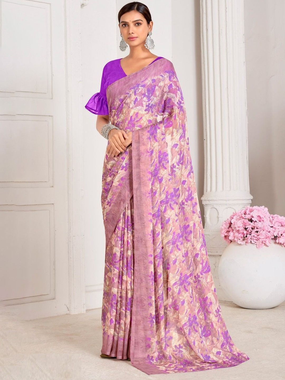 

Reboot Fashions Floral Pure Chiffon Saree, Purple