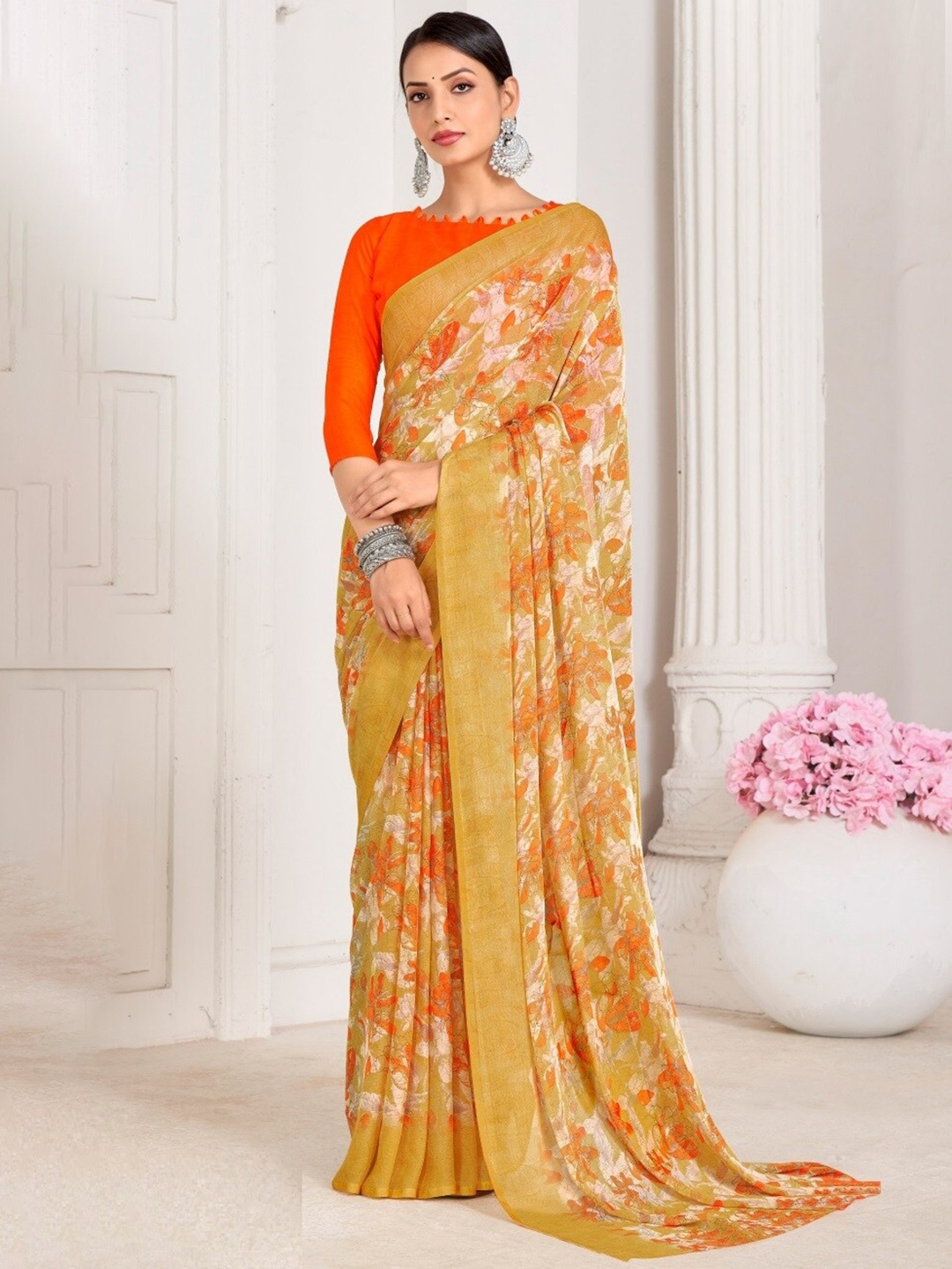 

Reboot Fashions Floral Pure Chiffon Saree, Yellow
