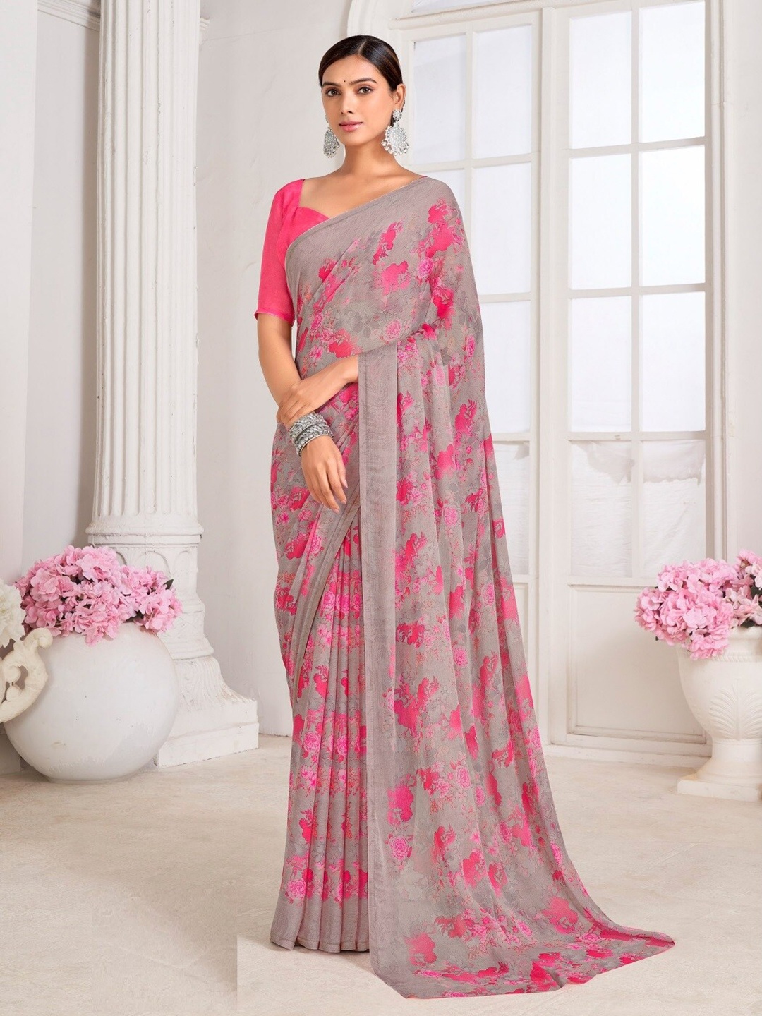 

Reboot Fashions Floral Pure Chiffon Saree, Pink