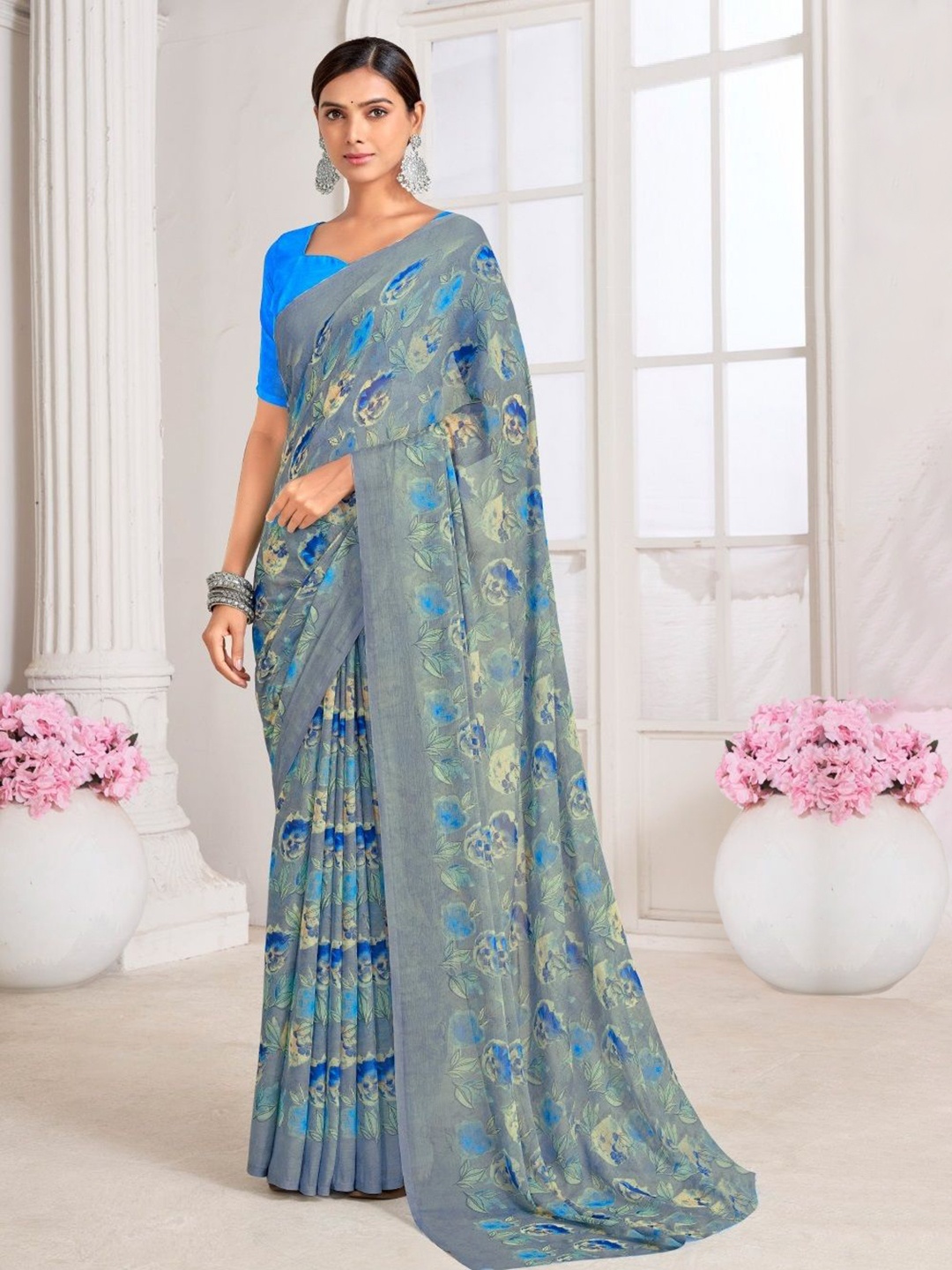 

Reboot Fashions Floral Pure Chiffon Saree, Grey