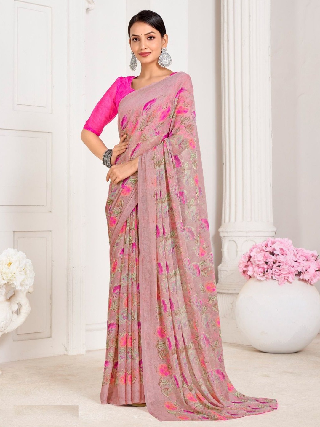 

Reboot Fashions Floral Pure Chiffon Saree, Pink