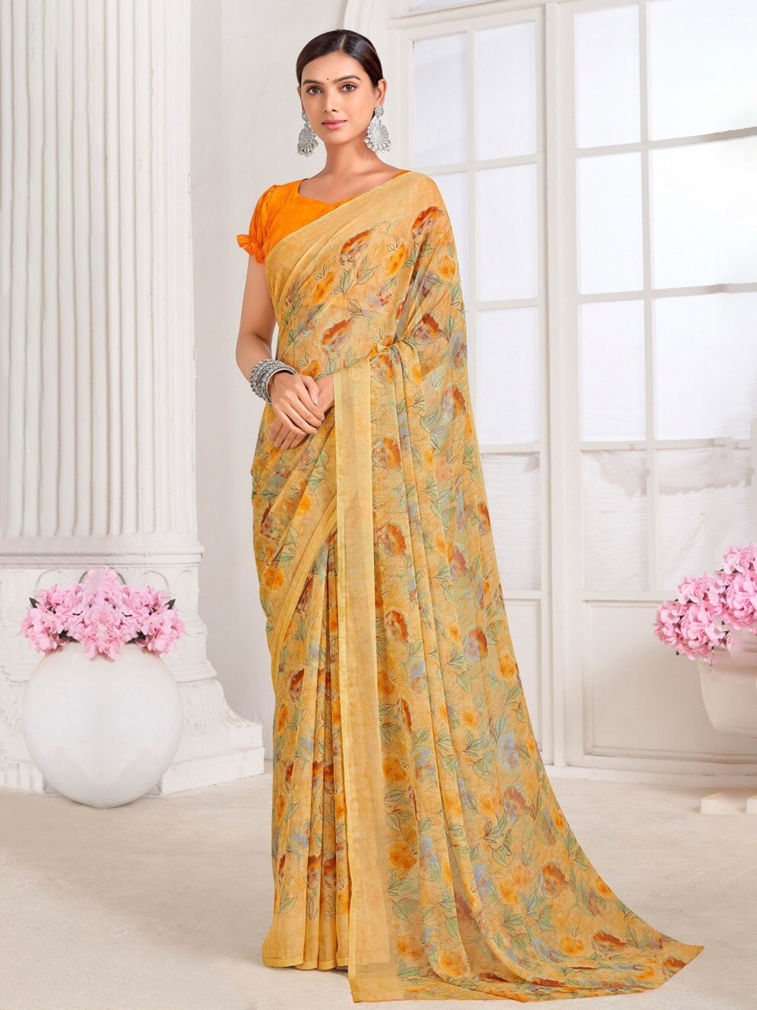 

Reboot Fashions Floral Pure Chiffon Saree, Mustard