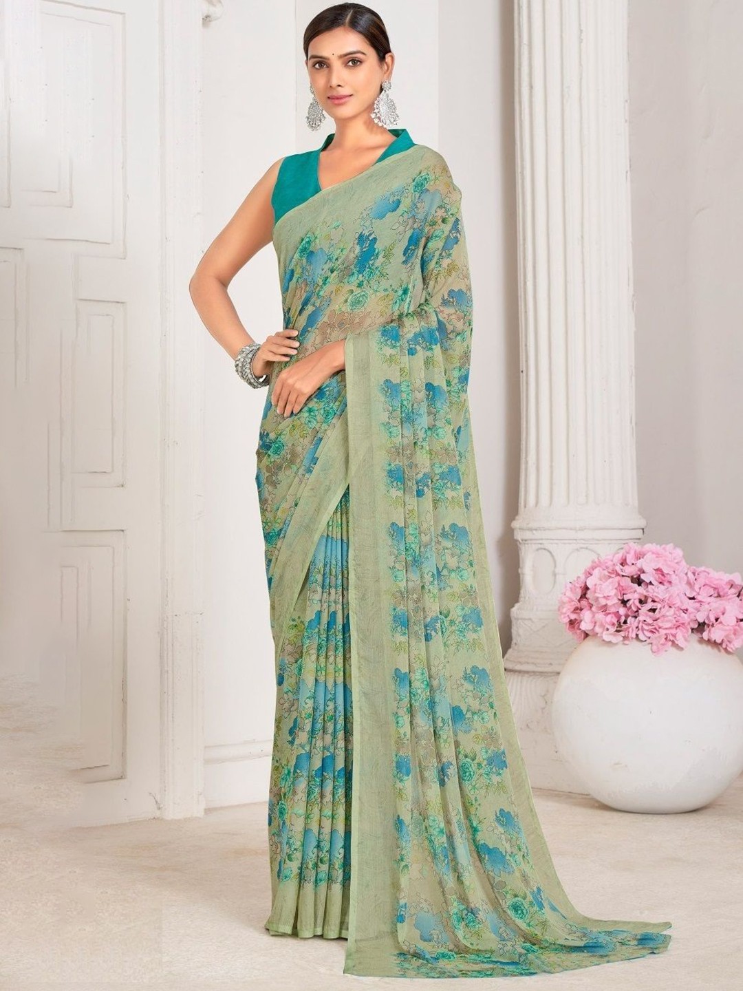 

Reboot Fashions Floral Pure Chiffon Saree, Sea green