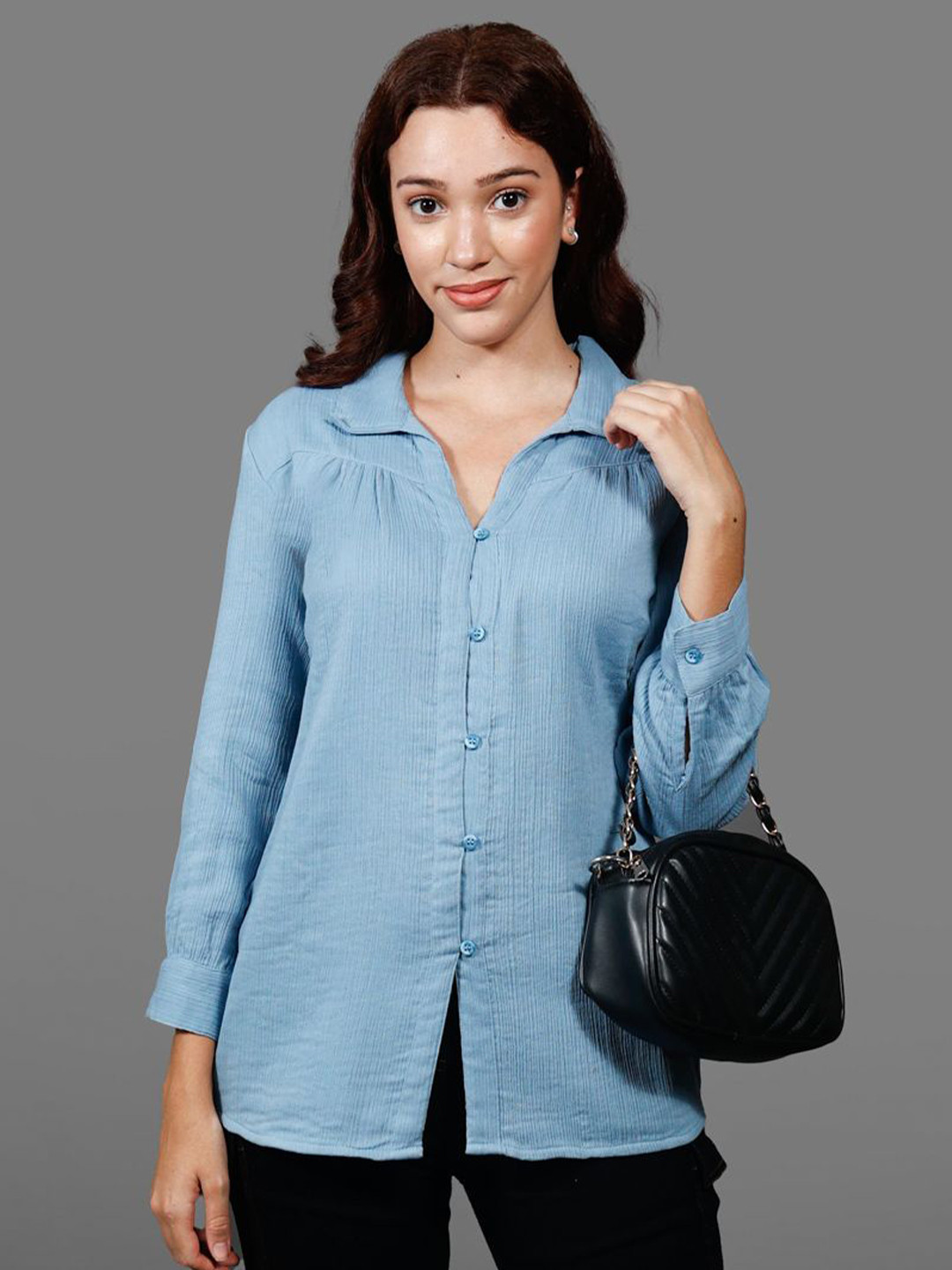 

Chemistry Women Solid Cotton Opaque Casual Shirt, Blue