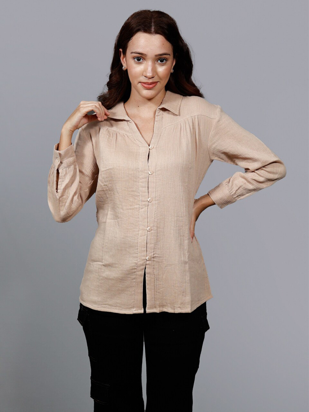 

Chemistry Women Solid Opaque Casual Cotton Shirt, Beige