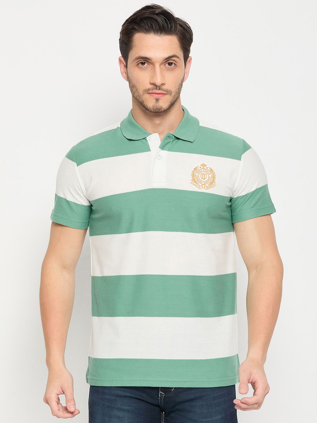 

Duke Men Striped Polo Collar Embroidered Cotton T-shirt, Green