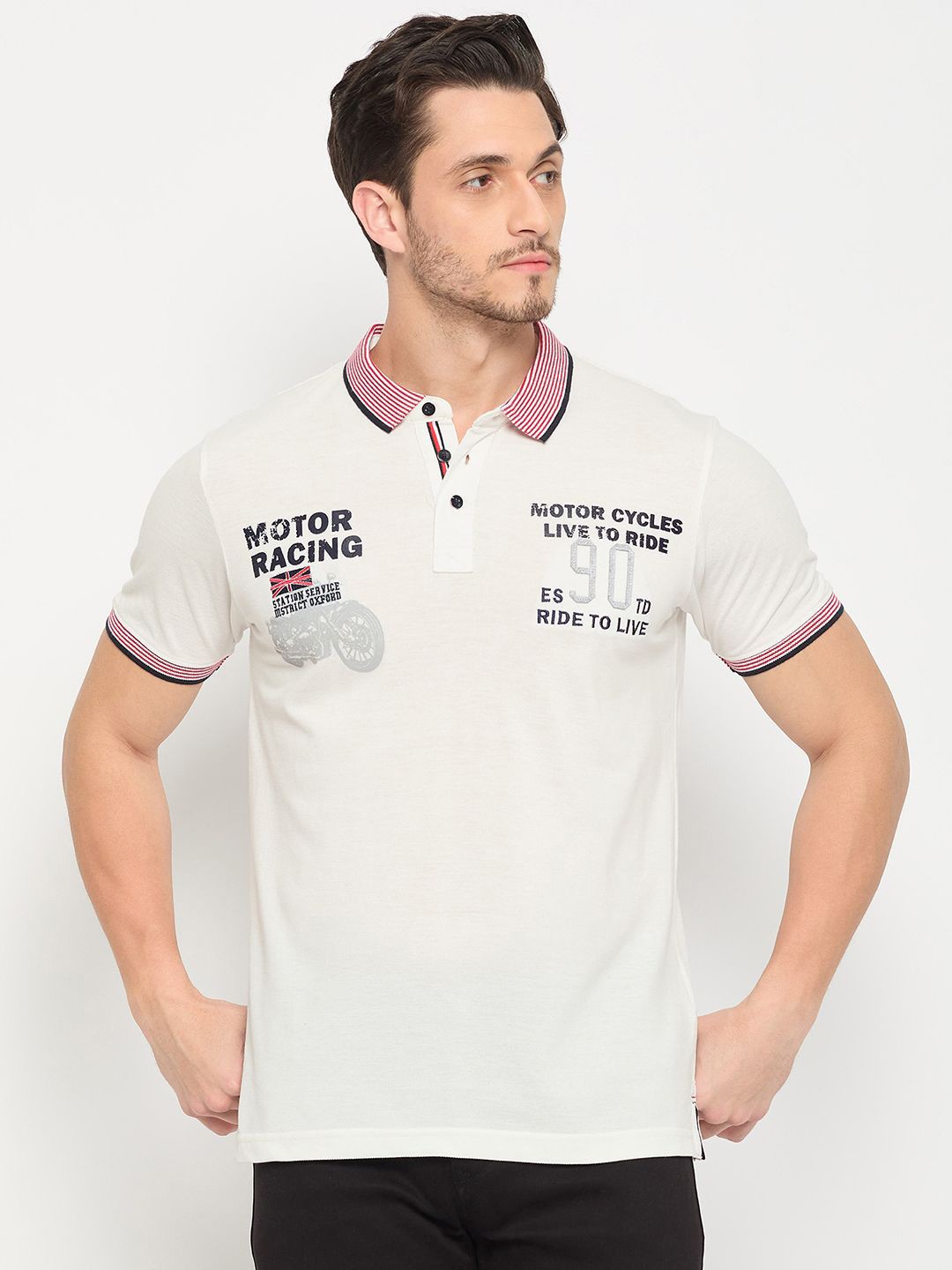 

Duke Men Typography Printed Polo Collar Slim Fit T-shirt, White