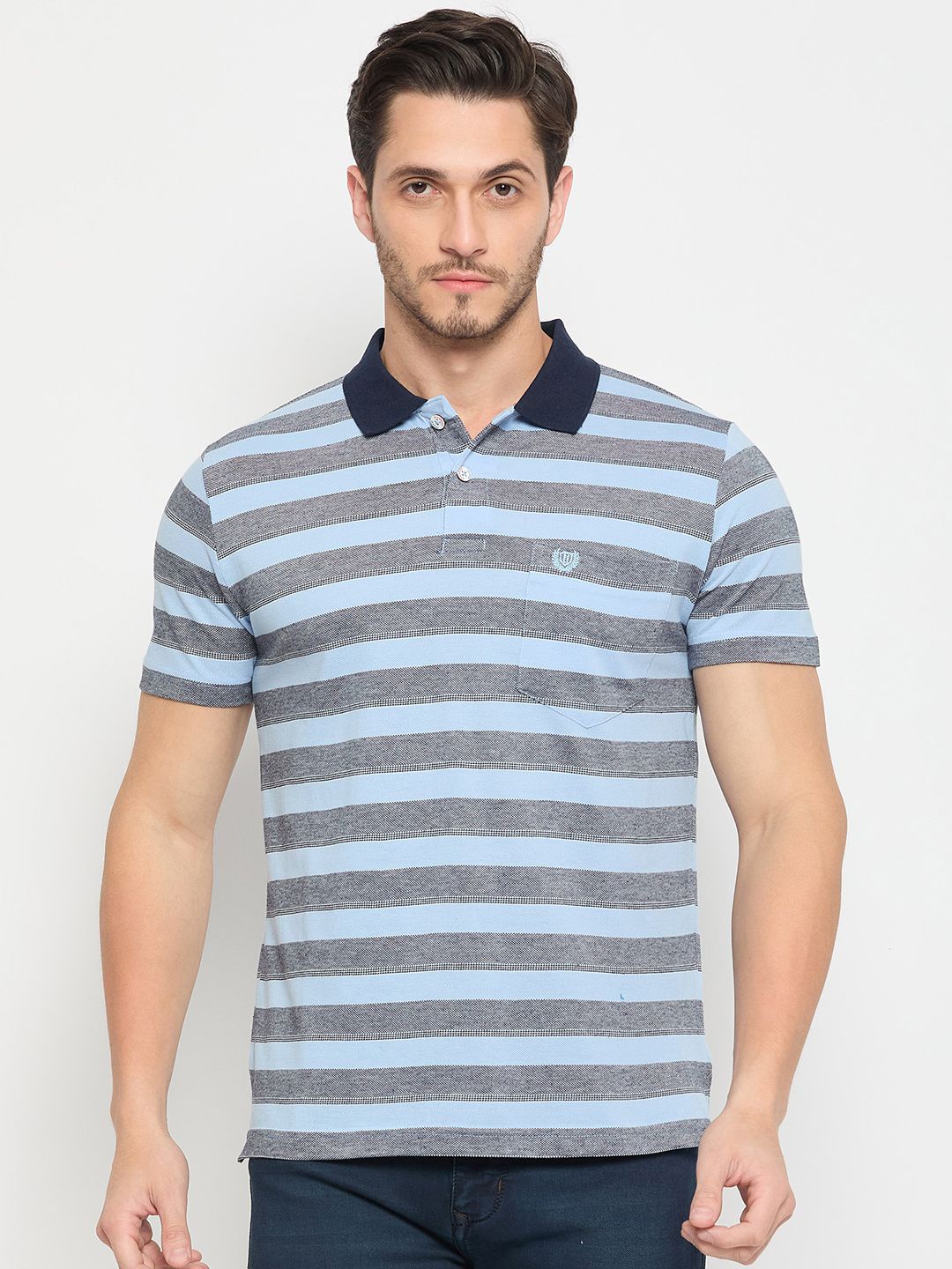 

Duke Men Striped Polo Collar Pockets T-shirt, Grey