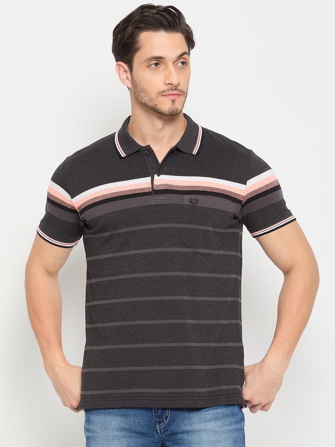 

Duke Men Striped Polo Collar Pockets Cotton T-shirt, Black