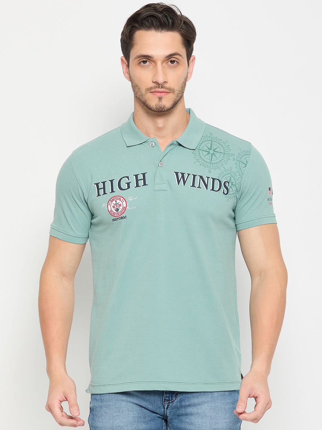 

Duke Men Nautical Printed Polo Collar Cotton T-shirt, Green