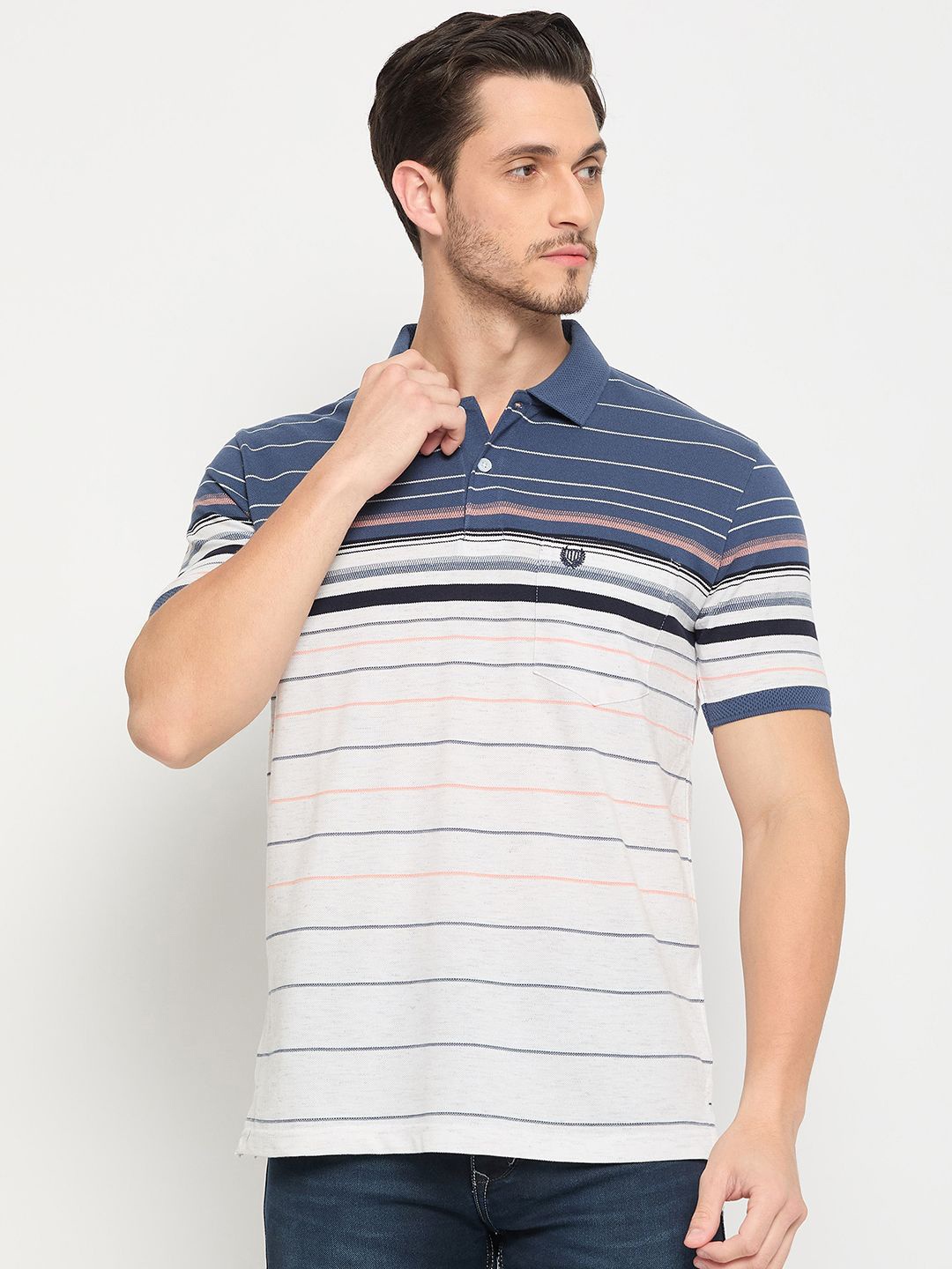 

Duke Men Striped Polo Collar Pockets Cotton T-shirt, White