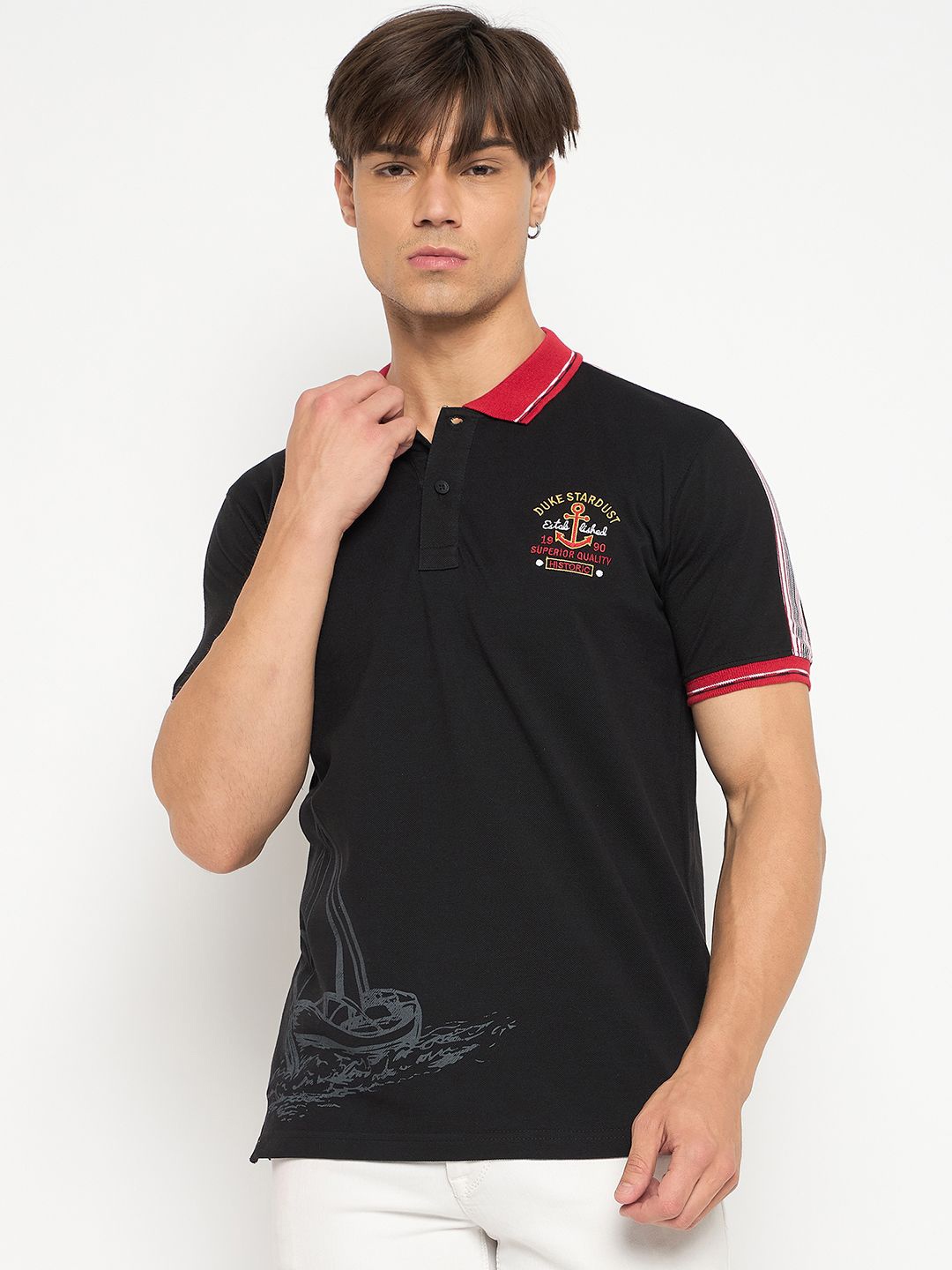 Duke Men Embroidered Polo Neck Cotton T-shirt, Black